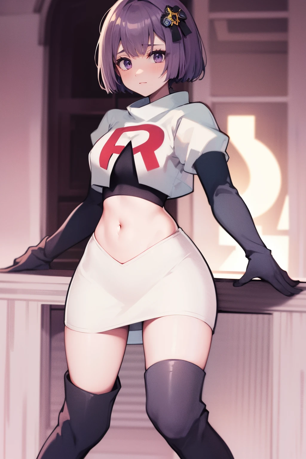 
defShamir ,earrings, glossy lips ,team rocket uniform, red letter R, white skirt,white crop top,black thigh-high boots, black elbow gloves, evil smile,