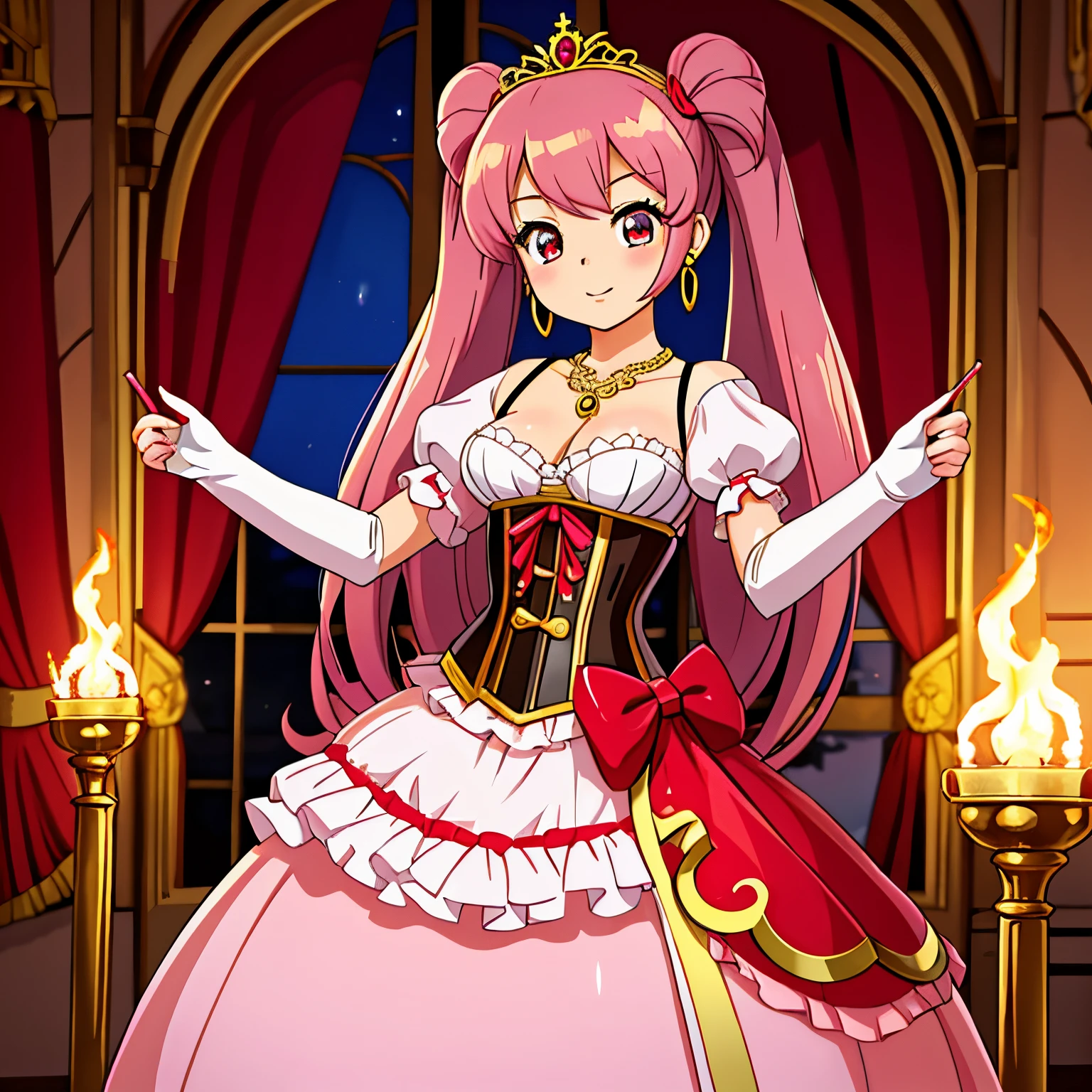 Pretty 15 years old princess, drawn in anime style, is cute and happy, long red pigtails hair, pink eyes, small breast, makeup and lipstick, steampunk, red and white ball gown with puffy sleeves, petticoat, bustle, corset, hair ribbons, white elbow gloves, ruby earrings and necklace, gold tiara, high heels, wielding a fire magic wand, standing in castle bedroom, highly detailed, 4K.