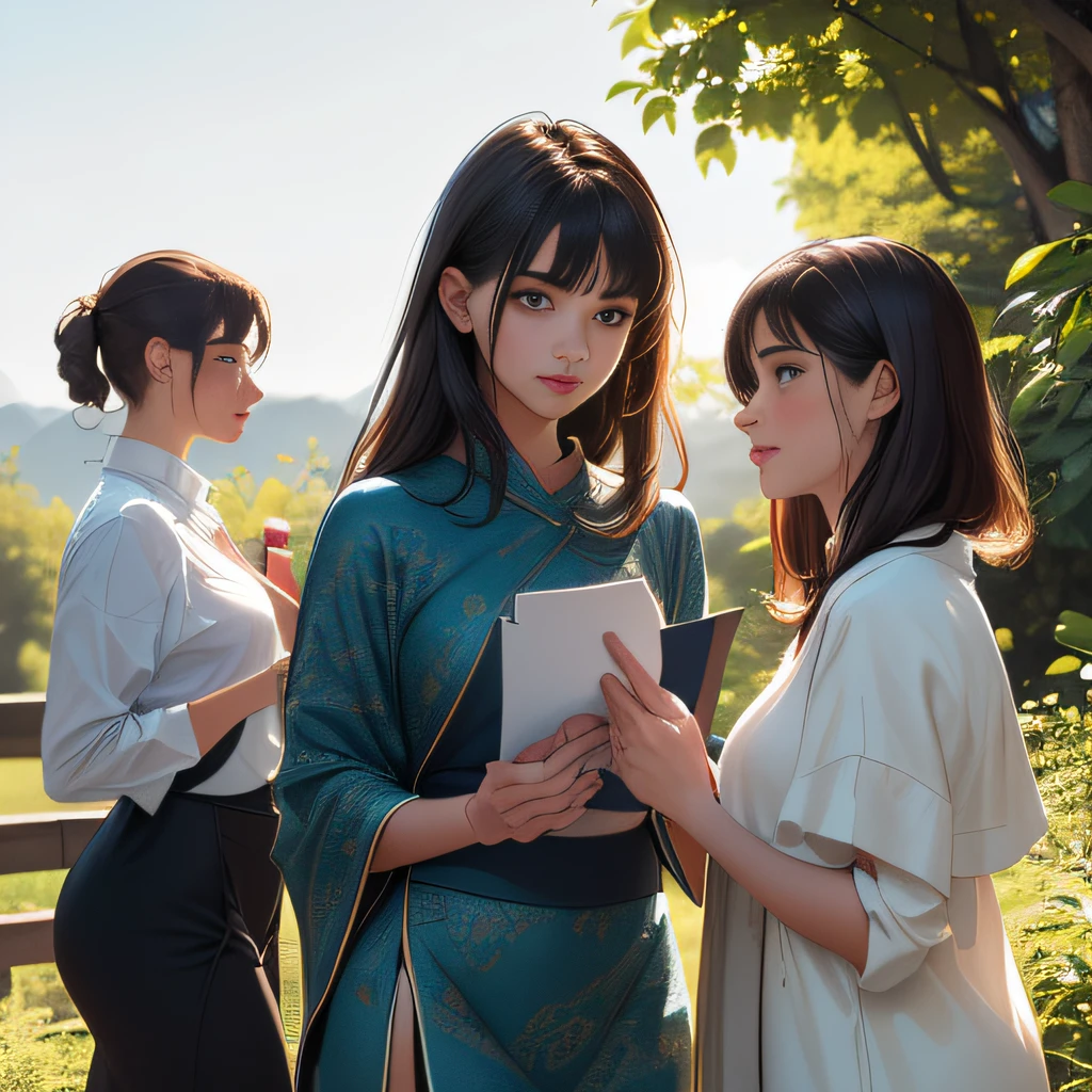(extremely detailed 8K wallpaper:2), (photo:2), (24 years old Xuan Beautiful girl:2), (gives a lecture to friends:2), Detailed (Face & Eyes), (hyper realistic:1), (Highly detailed:1), (Epic Realistic:1), rim light, (Maximum details:1), Cosy, (body complet:1.3), (looking a viewer:2), (Attractive qualities of a woman:2), (attractive female:2), (Attractive:2), Smile, intelligence, sympathy, Grace, A sense of style, Fitness, Care, optimism, (sensitivity:2), frankness, Romantic gestures, playfulness, Fashion Sense, (sensuality:2), charm, modesty, Thoughtfulness, (femininity:1), flirtatiousness, warmth, (Physical Attractiveness:2), beautiful smile, Love of Life, Strength and power, Vulnerability, curiosity, wonder, Love, (Nature's prehistory:2), Kawaii, waifu, beautiful breasts, (attractive body:2), (handsome body:2), BEAUTIFUL POSE, attractive pose, (nice feet:1.0), (beautiful clothing:1), (Classic clothes:2), (elegant clothing:2), (European Clothing:2), detailed clothes, (upskirt:1), (blouse:1), (provocative pose)