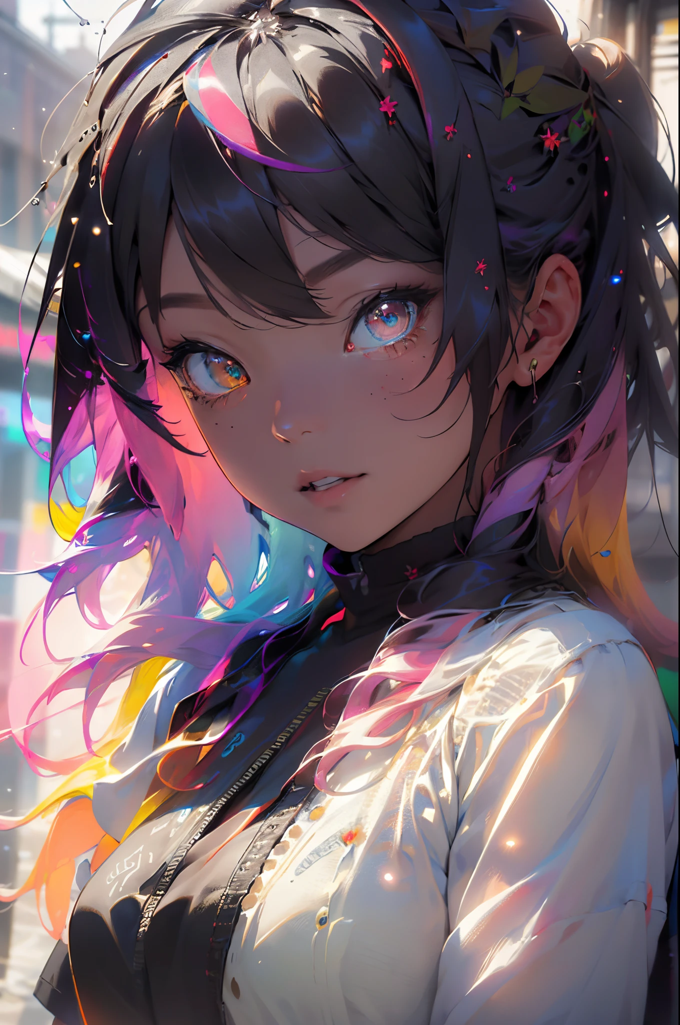 {{masterpiece}}, best quality, extremely detailed CG unity 8k wallpaper, cinematic lighting, lens flare, beautiful detail eyes, black, lingerie, white lace bra, multicolor hair, colorful light, particles, heterochromia, (colorful:1.5), (colorful hair:1.5),