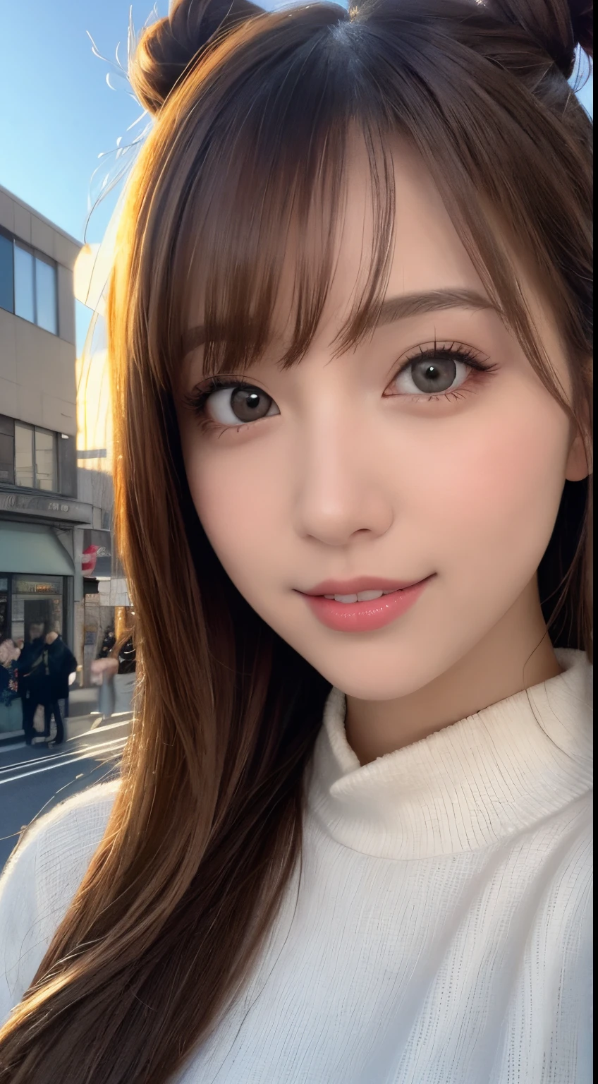masutepiece, Best Quality, Illustration, Ultra-detailed, finely detail, hight resolution, 8K Wallpaper, Perfect dynamic composition, Beautiful detailed eyes, Trendy Women's Fashion Winter Clothes,Bun hair,natural color lip, sexypose,Smile,Harajuku、20 years girl、Cute、is looking at the camera