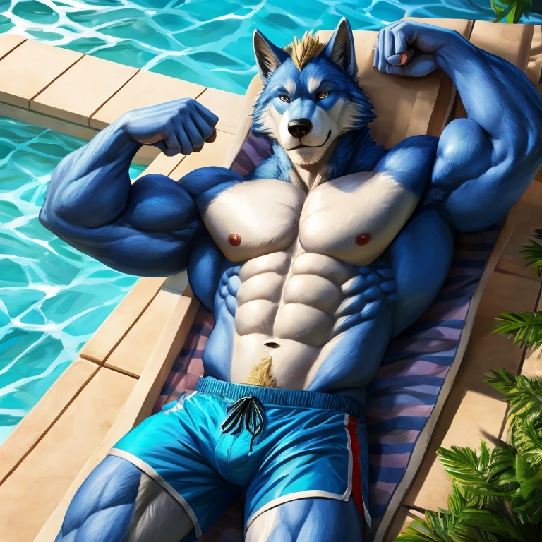Muscular blue wolf flexing his biceps, shirtless and wearing swimming trunks with small blond human lying on his ches