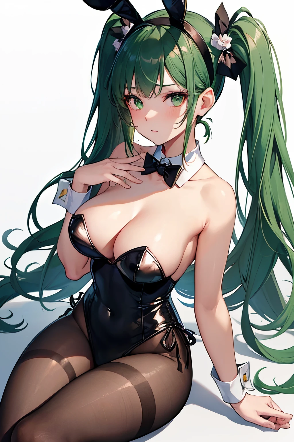 (*****, top-quality, 8K, masterpiece, Top image quality, Hi-Res, super detailing, Ultra HD, best quality, detailed background, (hyper detailed, intricate detail, Detailed hair ++, detailed eyes ++, raytracing, perfect shadow, enhanced eyes), (Delicate and smooth skin, real looking skin, Perfect and beautiful face ,Perfect and cute face, high detail skin, Perfect limbs)), girl , bare shoulders , black pantyhose , blush , bridal garter , cleavage , collarbone , detached collar , fake animal ears , fishnet pantyhose , frilled hairband , green bow , green bowtie , green eyes , green hair , green leotard , hairband , long hair , looking at viewer , medium breasts , playboy bunny , rabbit ears , simple background , solo , strapless leotard , twintails , very long hair , white background , wrist cuffs, view from the side, side eyeing viewer, sitting, hand on lap, breasts together, dice earrings