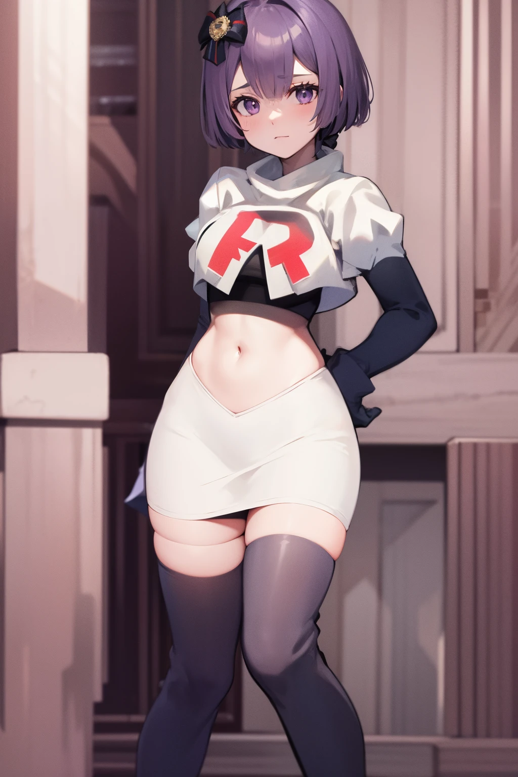 warBernie, hair bow, purple eyes, purple hair, team rocket uniform, red letter R, white skirt,white crop top,black thigh-high boots, black elbow gloves,
