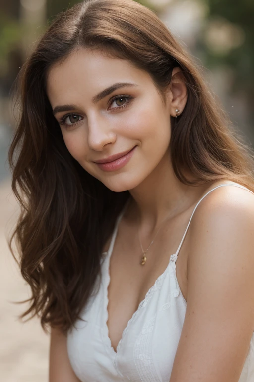 (aesthetic portrait,artistic,photography:1.1),(best quality,highres),(ultra-detailed,extremely detailed face:1.1),(natural lighting,warm tones),(soft and gentle atmosphere),(subtle background,blurred background) skin blemishes, skin wrinkles,25 years old,masterpiece,realistic skin texture,fine facial wrinkles,very beautiful Latin woman,long wavy hairs,charming smile,dimple in her face,