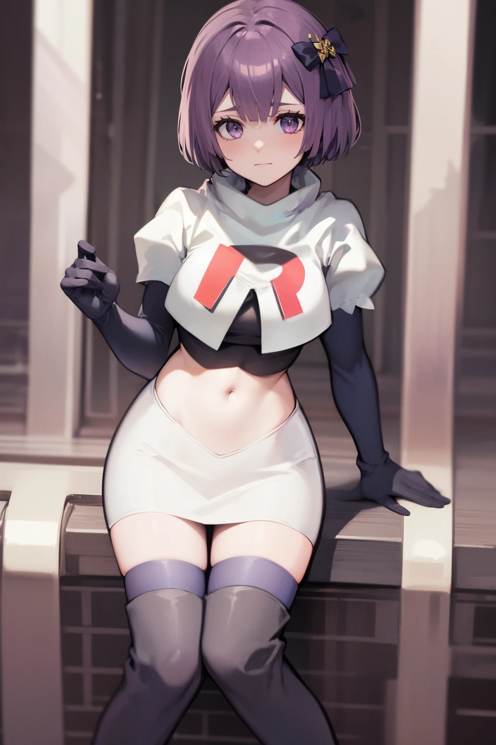 warBernie, hair bow, purple eyes, purple hair, team rocket uniform, red letter R, white skirt,white crop top,black thigh-high boots, black elbow gloves,