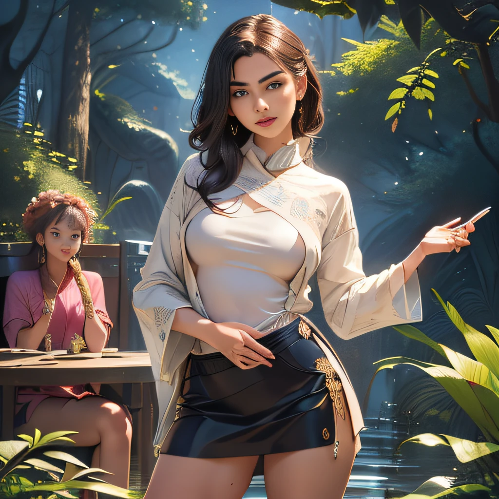 (extremely detailed 8K wallpaper:2), (photo:2), (22 years old Xuan Beautiful girl:2), (gives a lecture to friends:2), Detailed (Face & Eyes), (hyper realistic:1), (Highly detailed:1), (Epic Realistic:1), rim light, (Maximum details:1), Cosy, (body complet:1.3), (looking a viewer:2.0), (Attractive qualities of a woman:2), (attractive female:2), (Attractive:2), Smile, intelligence, sympathy, Grace, A sense of style, Fitness, Care, optimism, (sensitivity:2), frankness, Romantic gestures, playfulness, Fashion Sense, (sensuality:2), charm, modesty, Thoughtfulness, (femininity:1), flirtatiousness, warmth, (Physical Attractiveness:2), beautiful smile, Love of Life, Strength and power, Vulnerability, curiosity, wonder, Love, (Nature's prehistory:2), Kawaii, waifu, beautiful breasts, (attractive body:2), (handsome body:2), BEAUTIFUL POSE, attractive pose, (nice feet:1.0), (beautiful clothing:1), (Classic clothes:2), (elegant clothing:2), (European Clothing:2), detailed clothes, (upskirt:1), (blouse:1), (provocative pose)