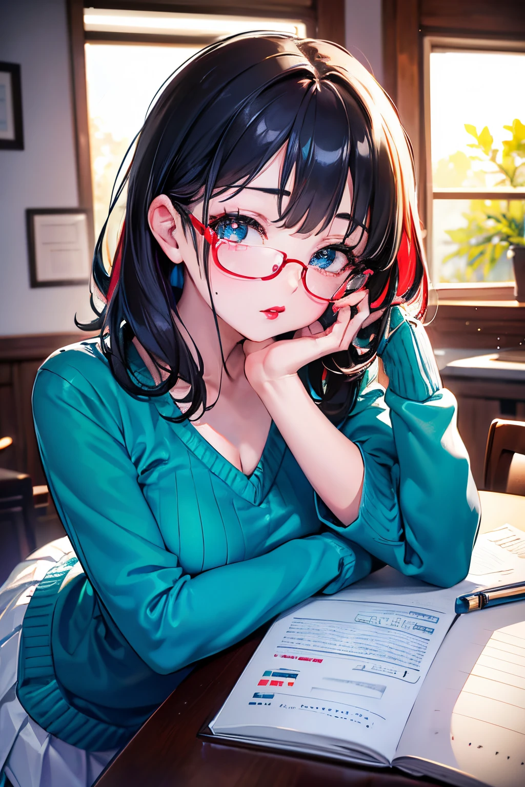 (((put on glasses))),((drooing eyes,Round face,Medium Hair,saggy tits)),(((Boy's room,Hands on the table,Open a notebook))),((home tutor,Educational research)),(((puffy niples,The upper part of the body))),(Large breasts:1.3), Flowing sweat, narrow shoulder,BREAK(green impossible sweater:1.2), see through, Sleeveless,BREAK((White pleated skirt)),BREAK(Colorful:1.2),(Saturation:1.2),(Five Fingers:1.4),(masutepiece,Best Quality:1.5),(ultra-detailliert:1.5),(Extremely detailed:1.5),(4K, 8K:1.1),(Best Quality:1.5),(Beautiful:1.2),(beautifull detailed face:1.2),(looking at view:1.3),(Focus on Face:1.1),(From the face:1.2),(Black eyes:1.5),(Reflection Eyes:1.2),(Beautiful fine eyes:1.5),(Eye Highlights:1.5),(Beautiful eyes:1.4),(Ultra detailed eyes:1.4),(beautiful detailed eyelash:1.1),Highly detailed game CG,Cinema Angle, blake is a cute girl,(a closeup:1.5),(bent over:1.2),adult lady,(1girl in:1.1),(Head tilt:1.4),([Closed eyes: (Narrowed eyes:1.3):11],),(Closed mouth:1.5),(Red lips:1.5),(Gloss on lips:1.5),beautiful boob,photographical skin,Shiny skin,Ultra Black Hair,Straight hair,Long hair,beautiful detailed hair,Shiny hair,gross hair,