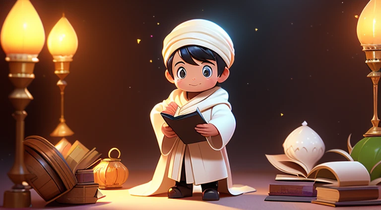 Amir is a pious child and carries the Koran wearing a white robe and black turban (anime, cartoon, light effect, cute, quirly cute, lighting is smooth, in 3D animation).