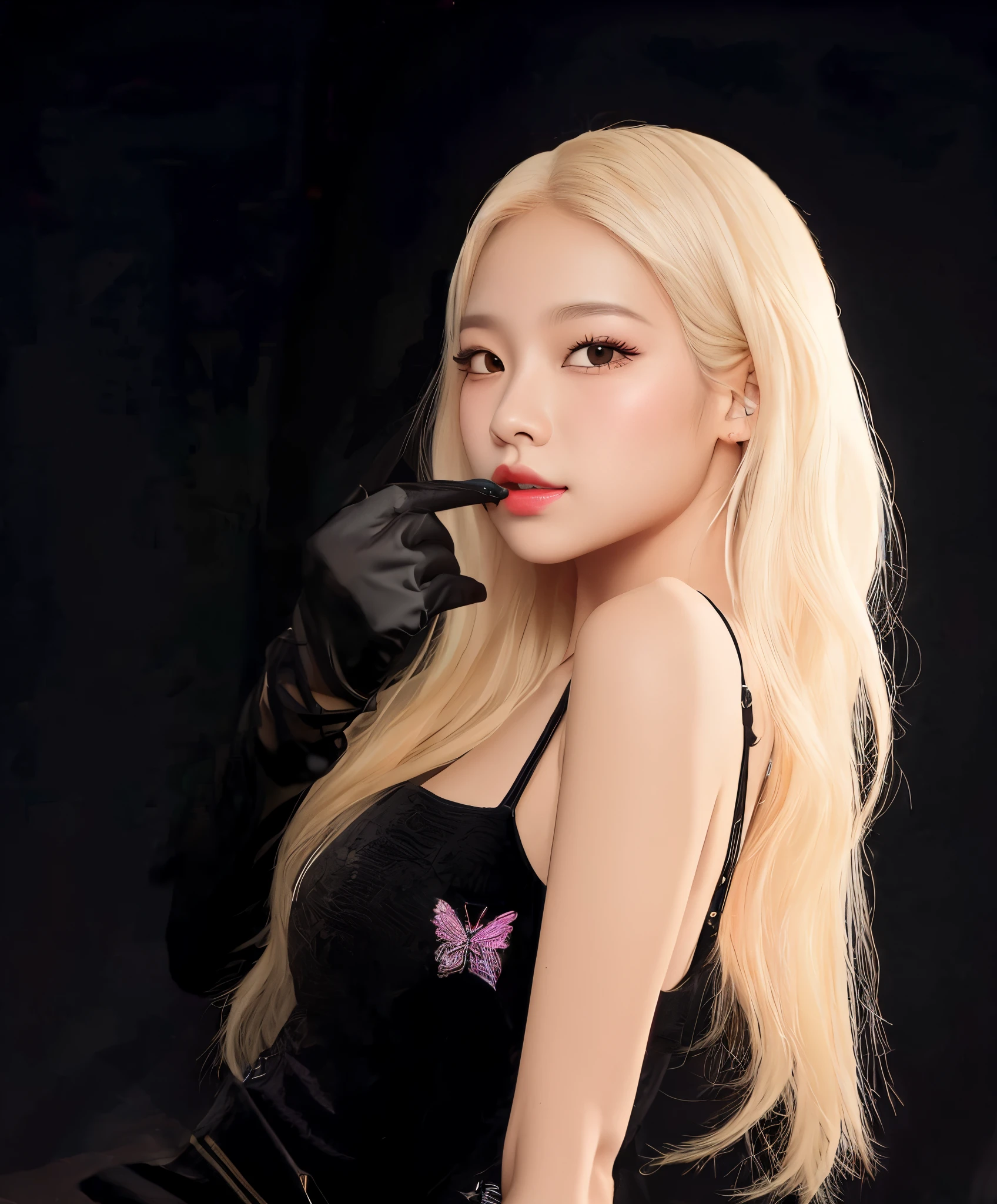 um close up de uma mulher em um vestido preto e luvas, Retrato de Jossi de Blackpink, com longos cabelos brancos, Parque Roseanne do Blackpink, com longos cabelos loiros, com cabelos longos brancos, jia, Modelo IG | Artgerm, ava max, maquiagem sul-coreana popular, jossi do blackpink, Portrait of female Korean idol, KDA