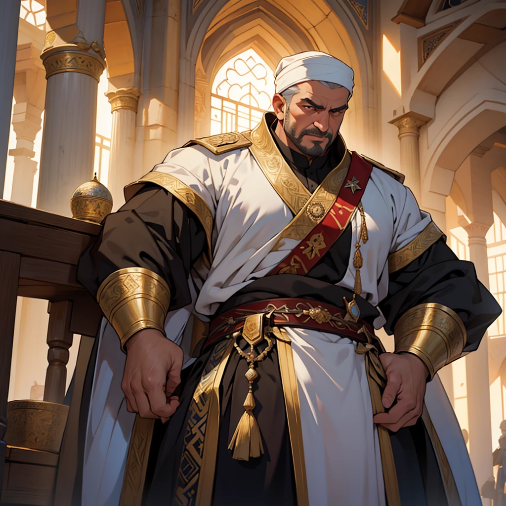 masterpiece, Best Quality, perfect work, 4k, Large middle-aged warrior of the Ottoman Turks(1 person), Background with: Background with: Inside the mosque with light coming in,