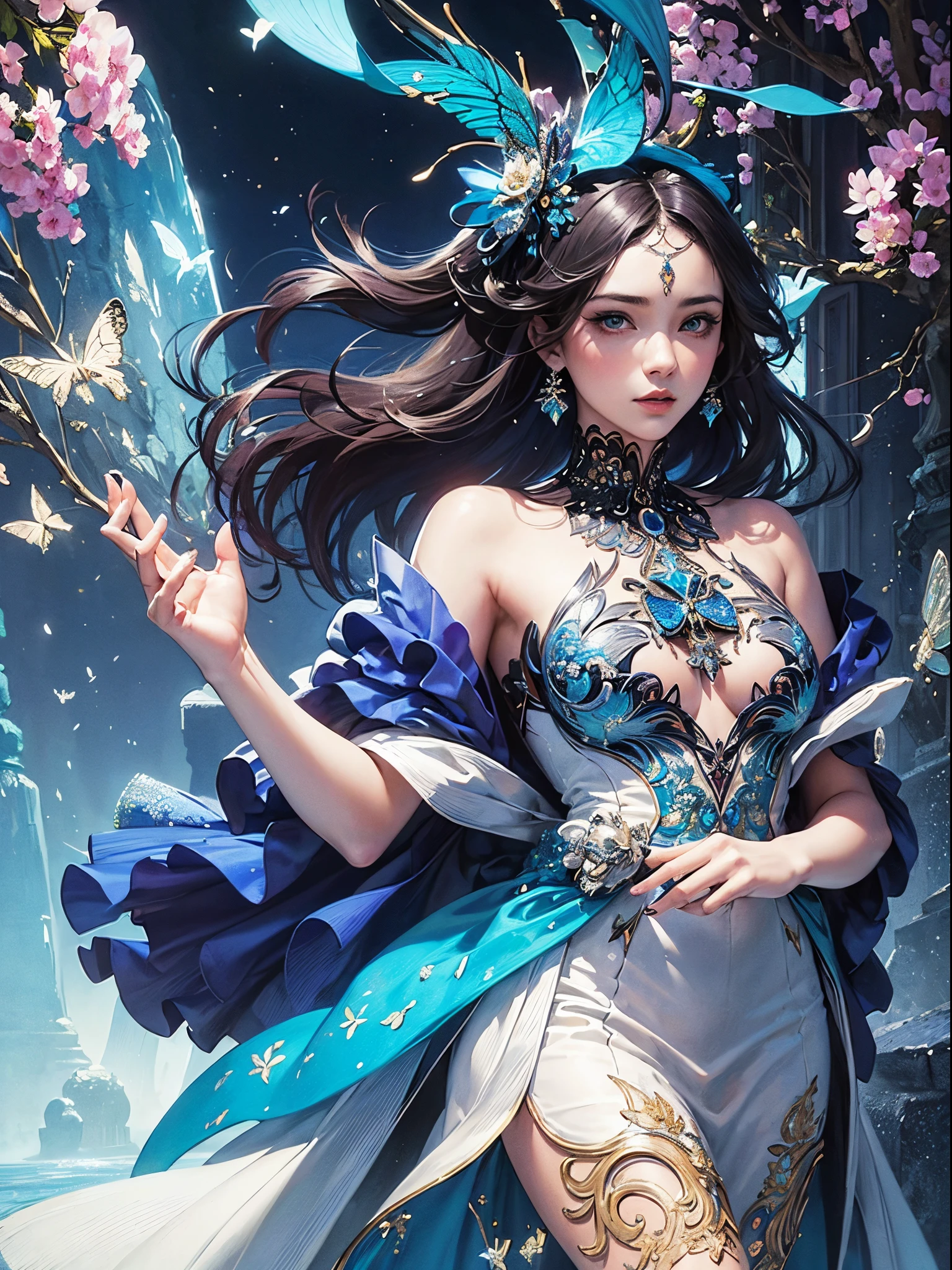 (Masterpiece, Top Quality, Best Quality, Official Art, Beauty and Aesthetics: 1.2), (1girl: 1.3), Very Detailed, (Fractal Art: 1.1), (Color: 1.1) (Flowers: 1.3), Most Detailed, (Zentangle: 1.2), Full Body, (Abstract Background: 1.3), (Shiny Skin), (Many Colors: 1.4), ,( earrings), (feathers:1.5), big breasts, bras, sexy,