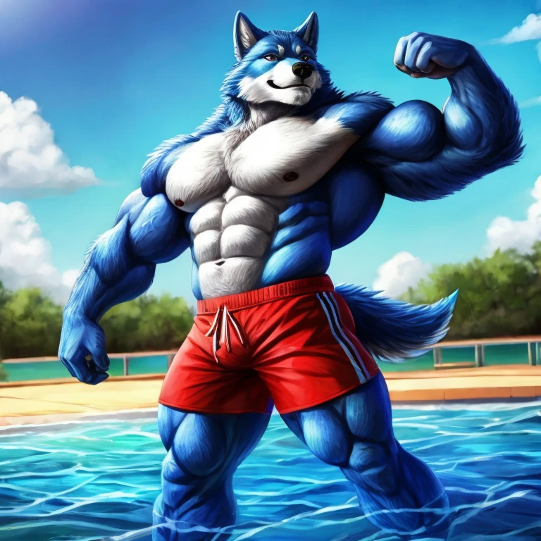 Muscular blue wolf flexing his biceps, shirtless and wearing swimming trunks. Full body.