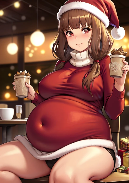 Miko Iino, fat, large belly, chubby, overweight, twin tails, Christmas, wearing sweater,, sitting down, table full of food, cookies, eating cookies, very fat, Christmas season, Christmas time, Christmas season, holidays, Christmas sweater,