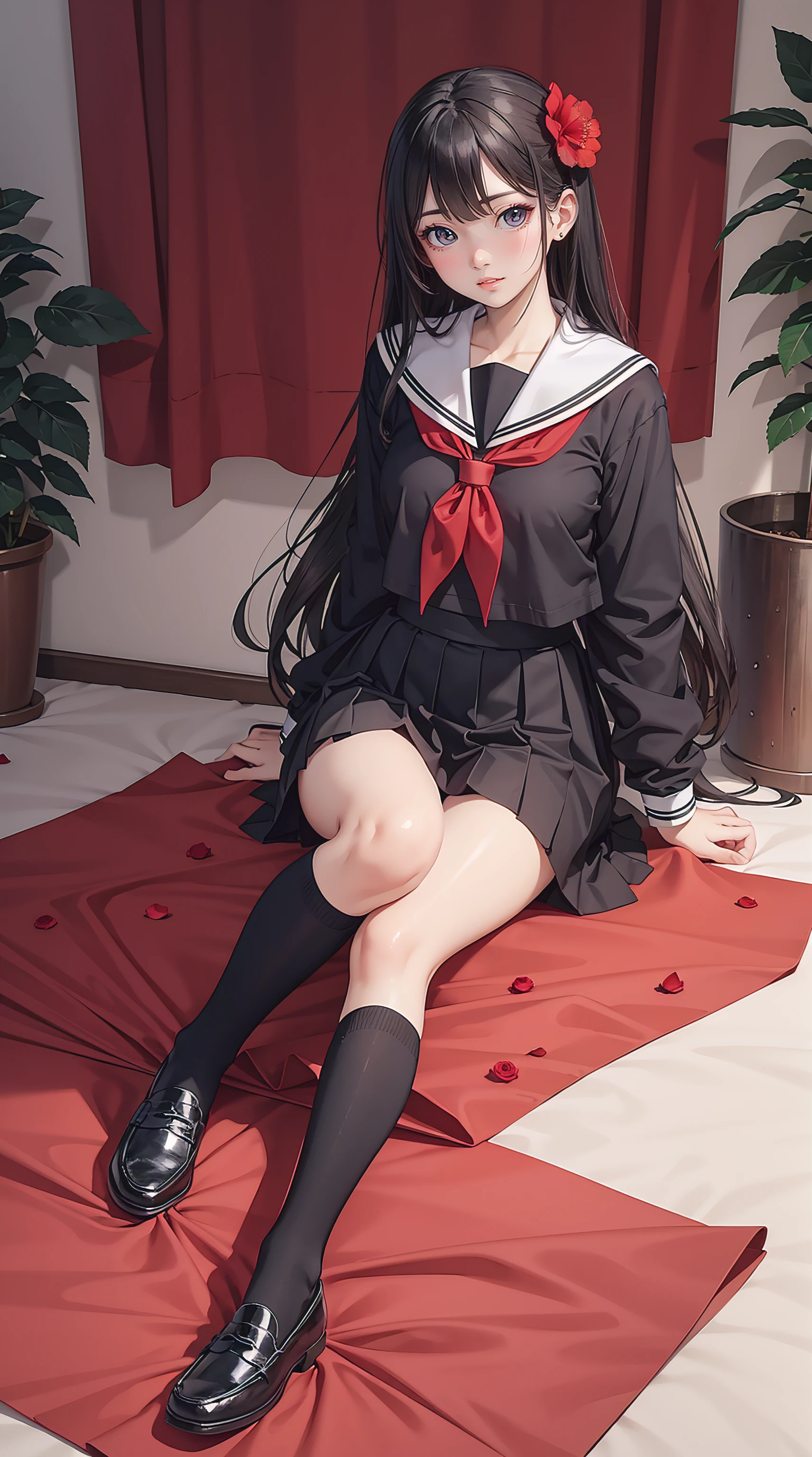 camellia, flower, red_flower, red_rose, rose, katana, 1girl, pink_rose, pink_flower, spider_lily, shoes, long_hair, school_uniform, serafuku, sheath, skirt, solo, sheathed, vase, looking_at_viewer, sitting, orange_flower, pleated_skirt, rose_petals, black_shirt, black_legwear, black_skirt, hibiscus, very_long_hair, parted_lips, loafers, sailor_collar, black_hair, neckerchief