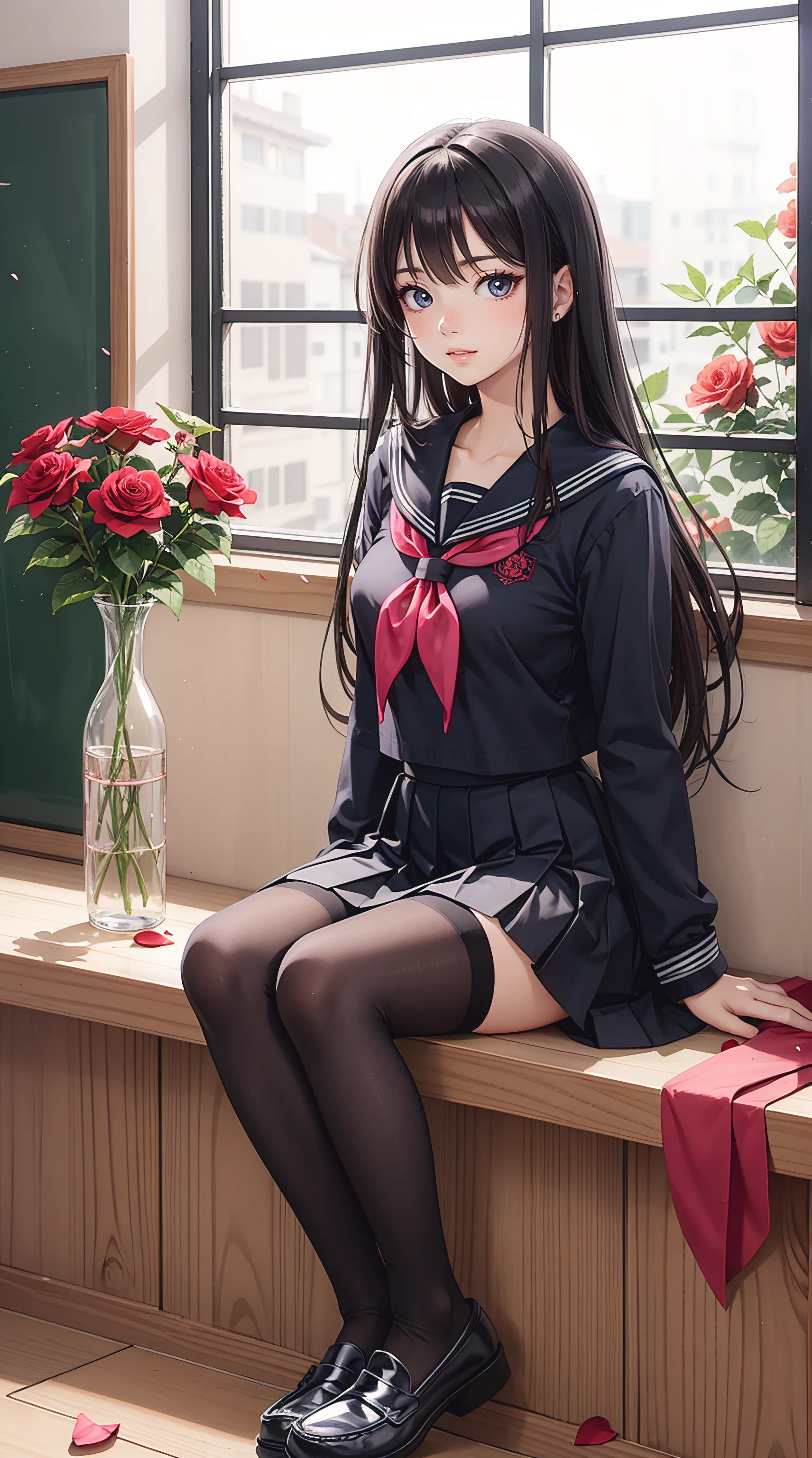 camellia, flower, red_flower, red_rose, rose, sword, weapon, katana, 1girl, pink_rose, pink_flower, spider_lily, shoes, long_hair, school_uniform, serafuku, sheath, skirt, solo, holding_sword, sheathed, vase, looking_at_viewer, sitting, orange_flower, pleated_skirt, rose_petals, black_shirt, black_legwear, black_skirt, holding_sheath, hibiscus, very_long_hair, parted_lips, loafers, sailor_collar, black_hair, neckerchief