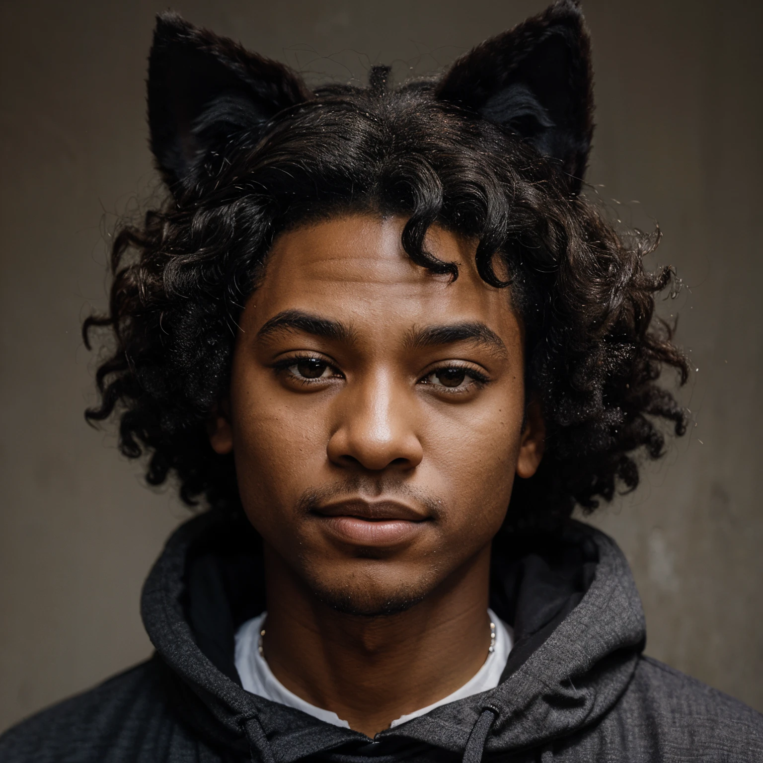 Black boy, afro, Wolf ears and tale gray