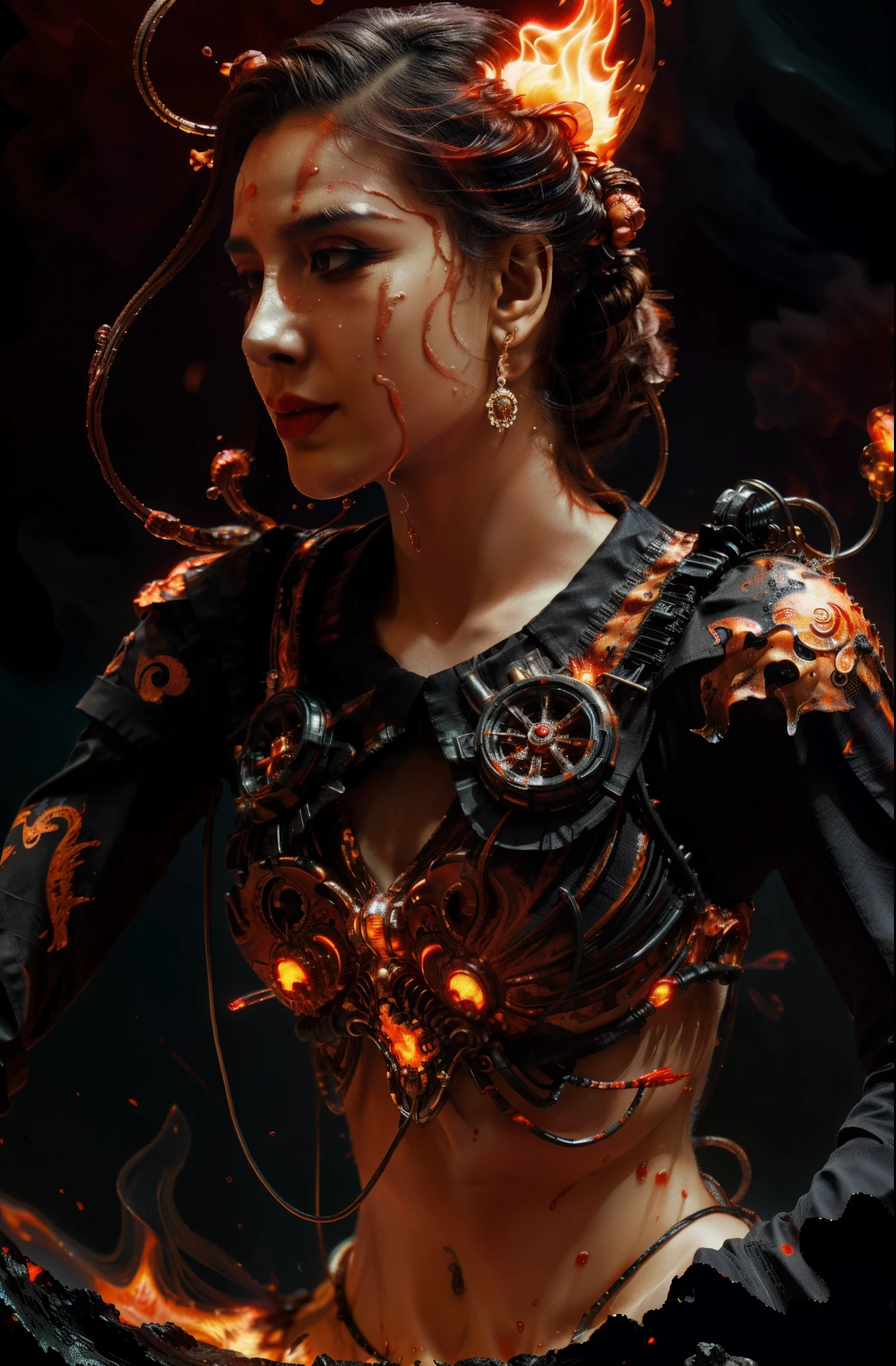 Alberto seveso art, dancing sillhouette, water ink, red ink water, orange ink cloud, flame, alberto seveso art, loose painting style, intricate detail, cinematic lighting, octane render, 8k render, volumetric lighting