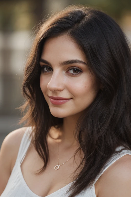 (aesthetic portrait,artistic,photography:1.1),(best quality,highres),(ultra-detailed,extremely detailed face:1.1),(natural lighting,warm tones),(soft and gentle atmosphere),(subtle background,blurred background) skin blemishes, skin wrinkles,25 years old,masterpiece,realistic skin texture,fine facial wrinkles,very beautiful Latin woman,long wavy hairs,charming smile,dimple in her face,very black hair