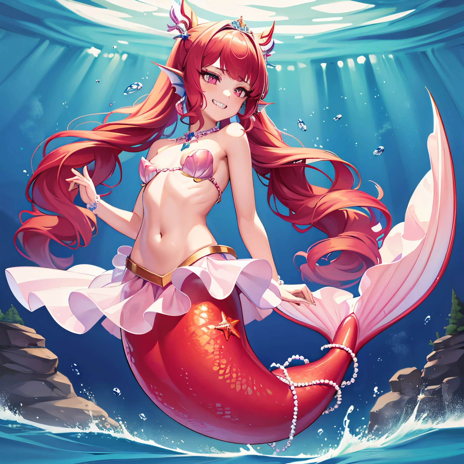 Pretty princess magically transformed into a beautiful mermaid, race swap, none human, fish like, long mermaid tail below waistline, pointy ears, red fish scales on skin, drawn in anime style, very long pigtails red hair, sharp teeth, is smiling, pink eyes, small breast, long pelvic and dorsal fins, pair of fish gills on the torso, seashells bra, starfish hair clips, pearl earrings and bracelets, pearl necklace, hair ribbons, gold tiara, ocean depths, swimming underwater, Highly detailed, 4K.