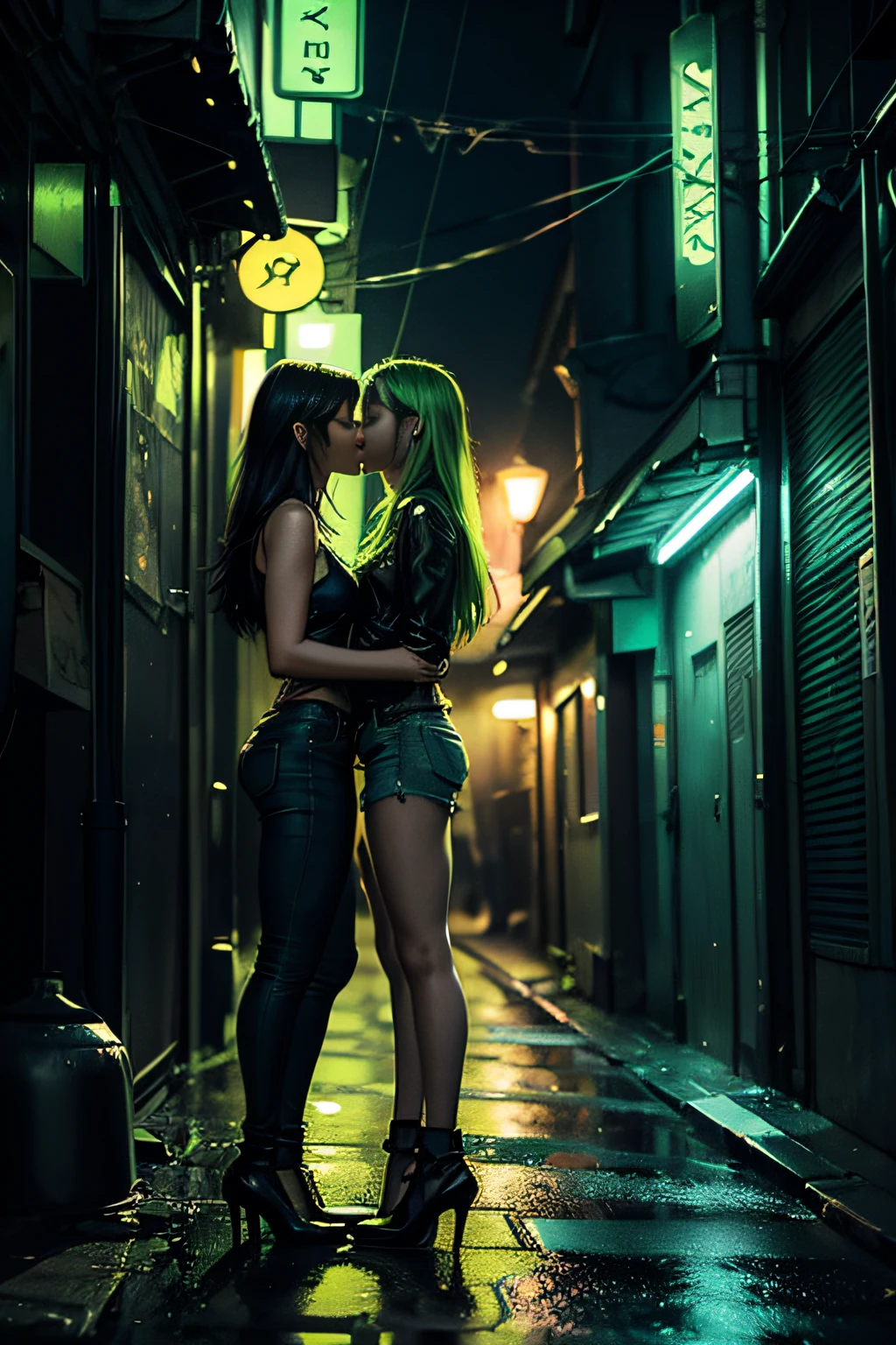 (beco escuro, apenas luz verde neon, chuva) 2 namoradas alternativas se beijando, magro e sexy, Beijar, top, shorts jeans