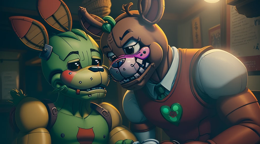 Author: Takemoto Arashi, (2 boy), two, ((duo)), (((hug from behind))), Springtrap, Joints, robot joints, non-humanoid robot, Animatronic, well drawn hand, Men's Second, kemono, hot body, muscle, Beautiful, sexual, Attractive guy, (Detailed eyes, glowing irises), brows, (masterpiece, A high resolution, Best quality), 4K, cool bright lighting,(slight blue lighting), (blue hues), a male, Springtrap, portrait, Beautiful shadow, cool bright lighting,(slight blue lighting), (blue hues), pecs focus, scars, ( (wet tank top)), chubby:0.9, (mouth dripping saliva), (penis cum and over flowing:1.5), satisfied face, look at penis, (wet), (chubby:1), (sweat:1.4), naked, erection, (cum, over flowing cum:1.5), blow job, ejaculating, (((penis penetrated anal))), (((penis penetrated ass))), in alleyway, far view, full body view, side view