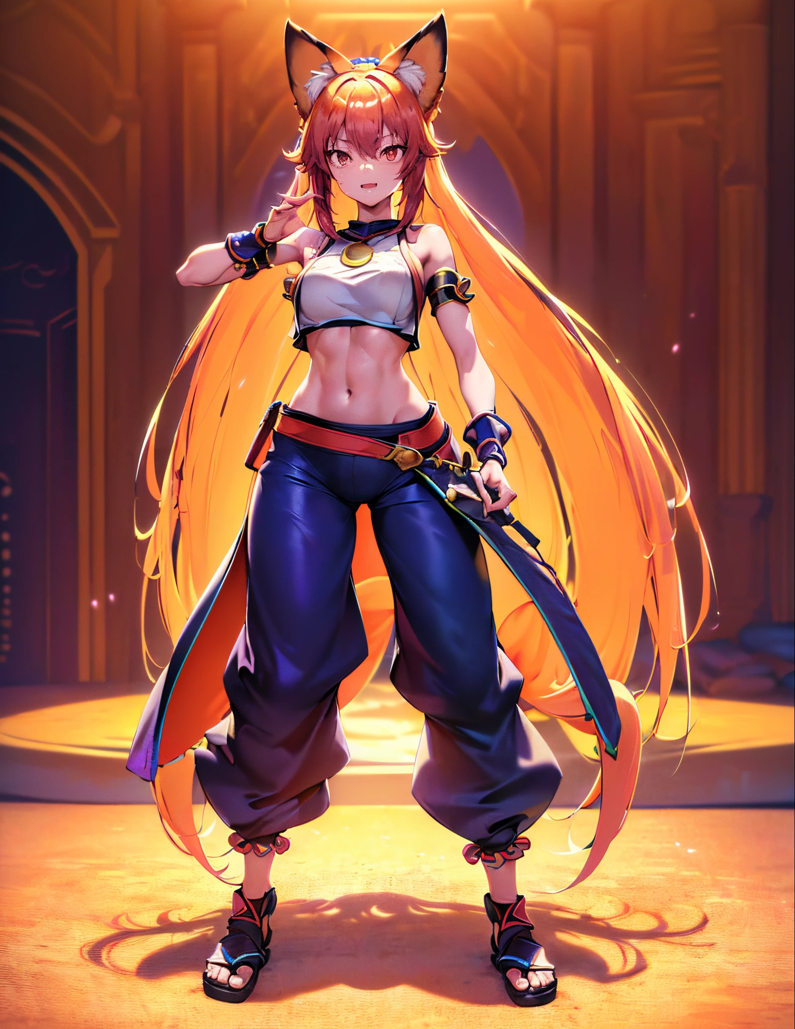 (best quality,4k,8k,highres,masterpiece:1.2),ultra-detailed, ((fox girl)), ((full body)), ((perfect body)), (((standing pose))), (((very baggy and long harem fighter pants))), ((pefect pants)), ((detailed pants)), ((perfect clothes)), ((fully detailed)), illustration,vivid colors