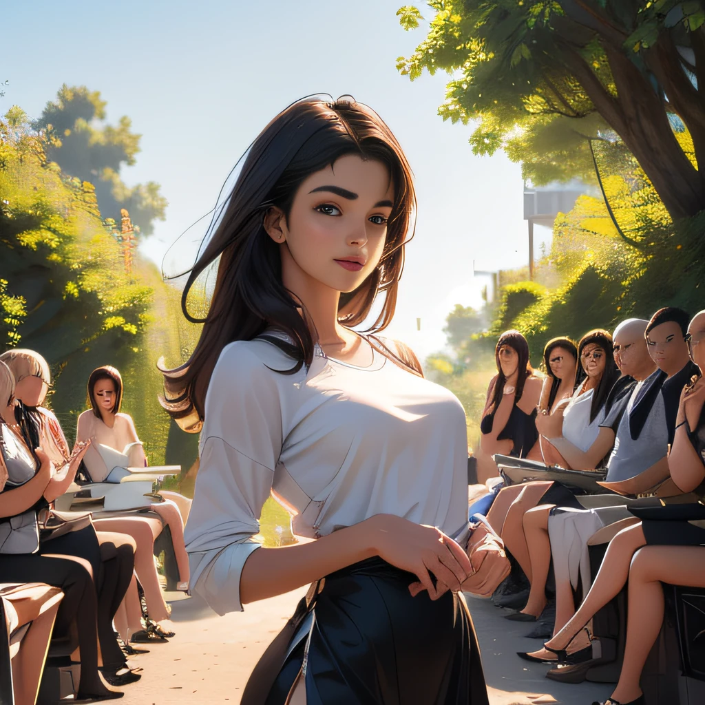 (extremely detailed 8K wallpaper:2), (photo:2), (25 years old Xuan Beautiful girl:2), (gives a lecture to friends:2), Detailed (Face & Eyes), (hyper realistic:1), (Highly detailed:1), (Epic Realistic:1), rim light, (Maximum details:1), Cosy, (body complet:1.3), (looking a viewer:2), (Attractive qualities of a woman:2), (attractive female:2), (Attractive:2), Smile, intelligence, sympathy, Grace, A sense of style, Fitness, Care, optimism, (sensitivity:2), frankness, Romantic gestures, playfulness, Fashion Sense, (sensuality:2), charm, modesty, Thoughtfulness, (femininity:1), flirtatiousness, warmth, (Physical Attractiveness:2), beautiful smile, Love of Life, Strength and power, Vulnerability, curiosity, wonder, Love, (Nature's prehistory:2), Kawaii, waifu, beautiful breasts, (attractive body:2), (handsome body:2), BEAUTIFUL POSE, attractive pose, (nice feet:1.0), (beautiful clothing:1), (Classic clothes:2), (elegant clothing:2), (European Clothing:2), detailed clothes, (upskirt:1), (blouse:1), (provocative pose)