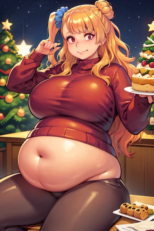 Fat, chubby, large belly, pregnant, obese, very fat, Galko, big belly, very fat, large stomach, chubby (best quality, masterpiece), thanksgiving, wearing sweater, grabbing belly, sitting down, table with of food, table tons of food, lots of food, holding belly, table with food, sitting, wearing sweater, Christmas, Holiday, Christmas cooki
