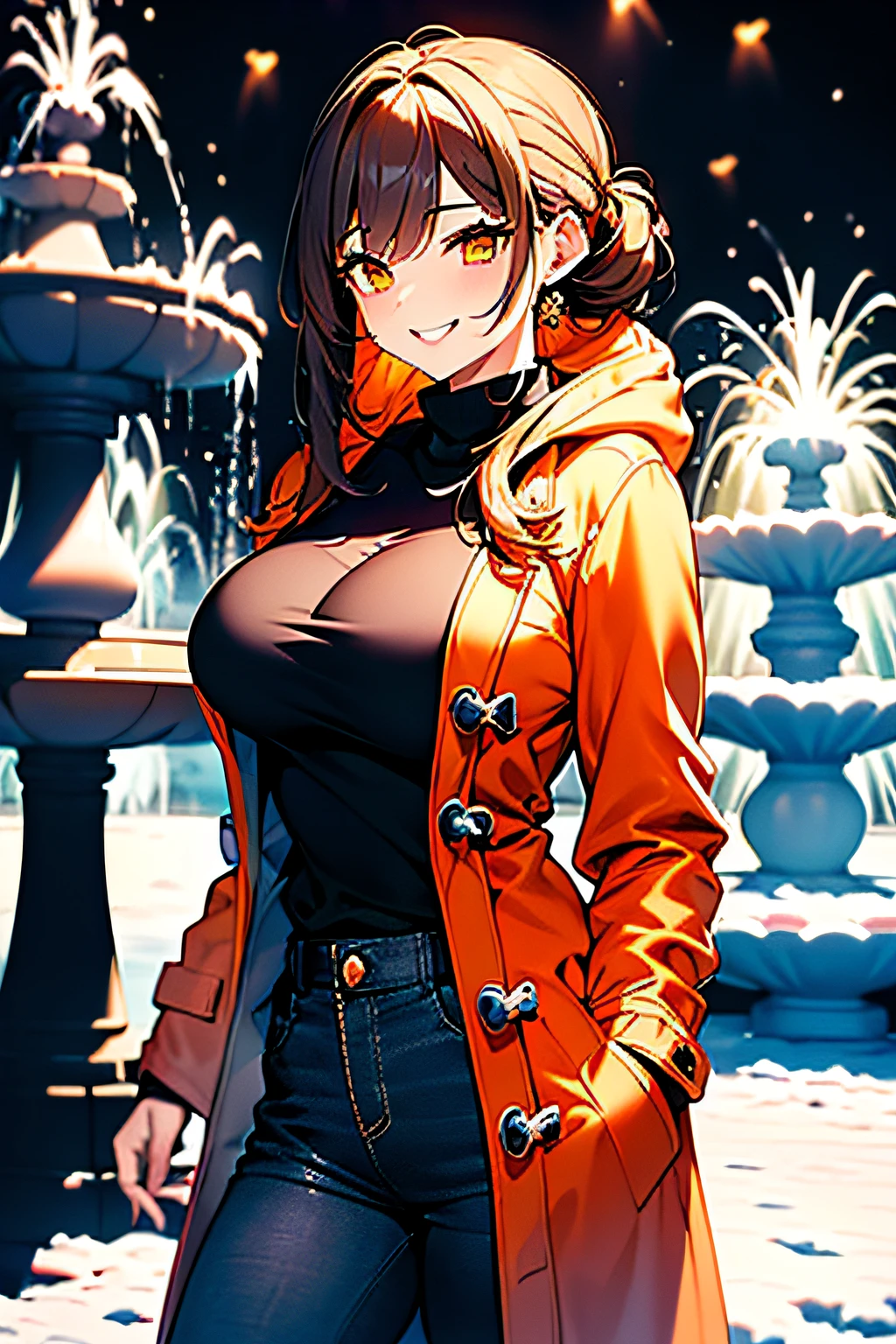 (3D Animation:1.3),(Realistic raw photos),(((In front of the fountain in the snowy park:1.3))),cute and beautiful adult woman,Cute round face,Cute smile,(((orange short duffel coat:1.3))),(White off-the-shoulder sweater),Jeans pants,Knitted hats,muffler,gloves,long boots,(silver white hair,Floral braided headband,half up、Floral Braided Space Van,Voluminous Fishtail Braids,Twisted chignon,),(Bangs are see-through bangs),(((Emphasize large breasts:1.3))),breast slip,detailed clothes features,Detailed hair features,detailed facial features,(Dynamic angles),(Dynamic and sexy poses),profetional lighting,Cinematic Light,(masutepiece,top-quality,Ultra-high resolution output image,) ,(The 8k quality,),(Sea Art 2 Mode:1.3),(Image Mode Ultra HD,)