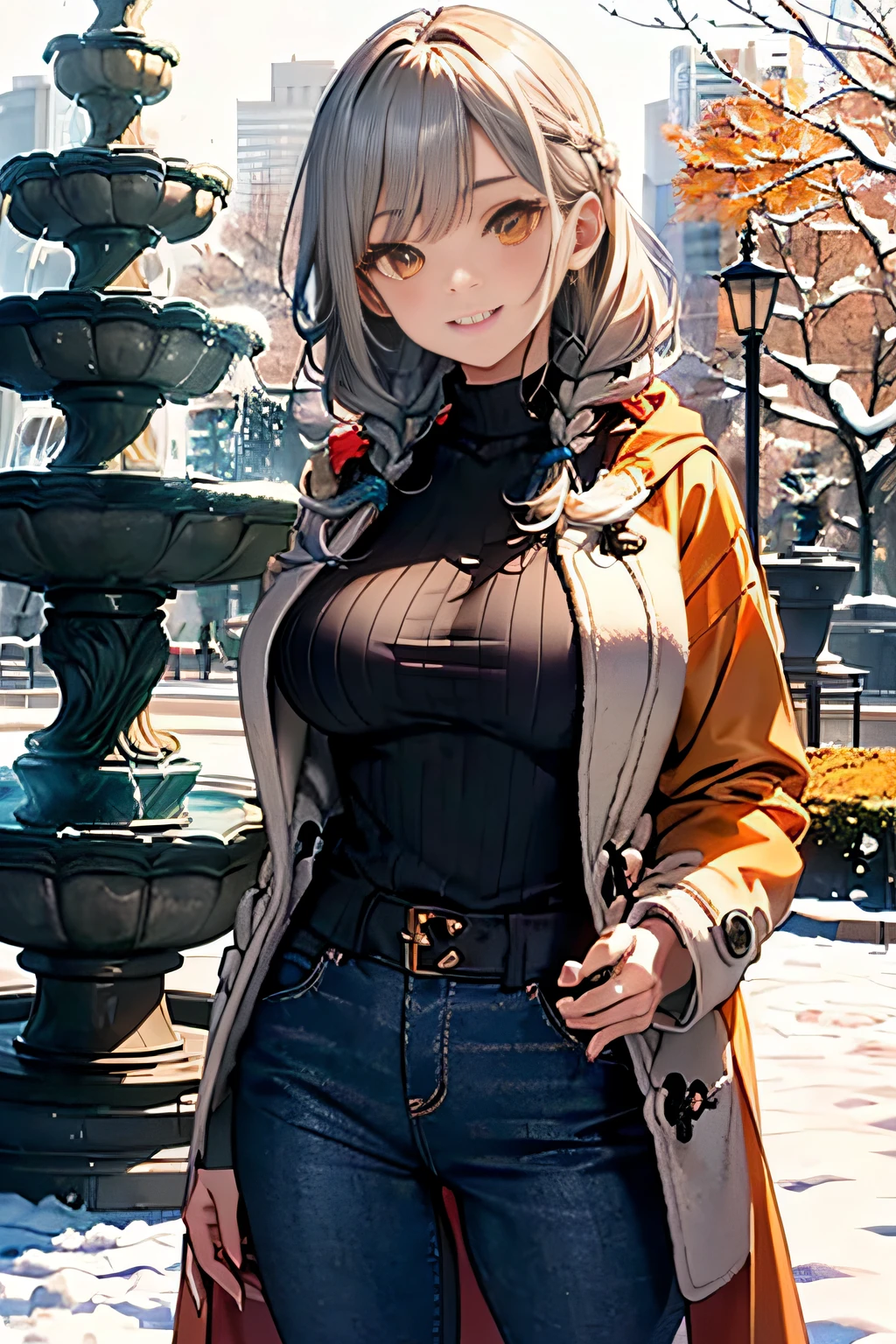 (3D Animation:1.3),(Realistic raw photos),(((In front of the fountain in the snowy park:1.3))),cute and beautiful adult woman,Cute round face,Cute smile,(((orange short duffel coat:1.3))),(white off-shoulder sweater),Jeans pants,Knitted hats,muffler,gloves,long boots,(silver white hair,Floral braided headband,half up、Floral Braided Space Van,Voluminous Fishtail Braids,Twisted chignon,),(Bangs are see-through bangs),(((Emphasize large breasts:1.3))),breast slip,detailed clothes features,Detailed hair features,detailed facial features,(Dynamic angles),(Dynamic and sexy poses),profetional lighting,Cinematic Light,(masutepiece,top-quality,Ultra-high resolution output image,) ,(The 8k quality,),(Sea Art 2 Mode:1.3),(Image Mode Ultra HD,)