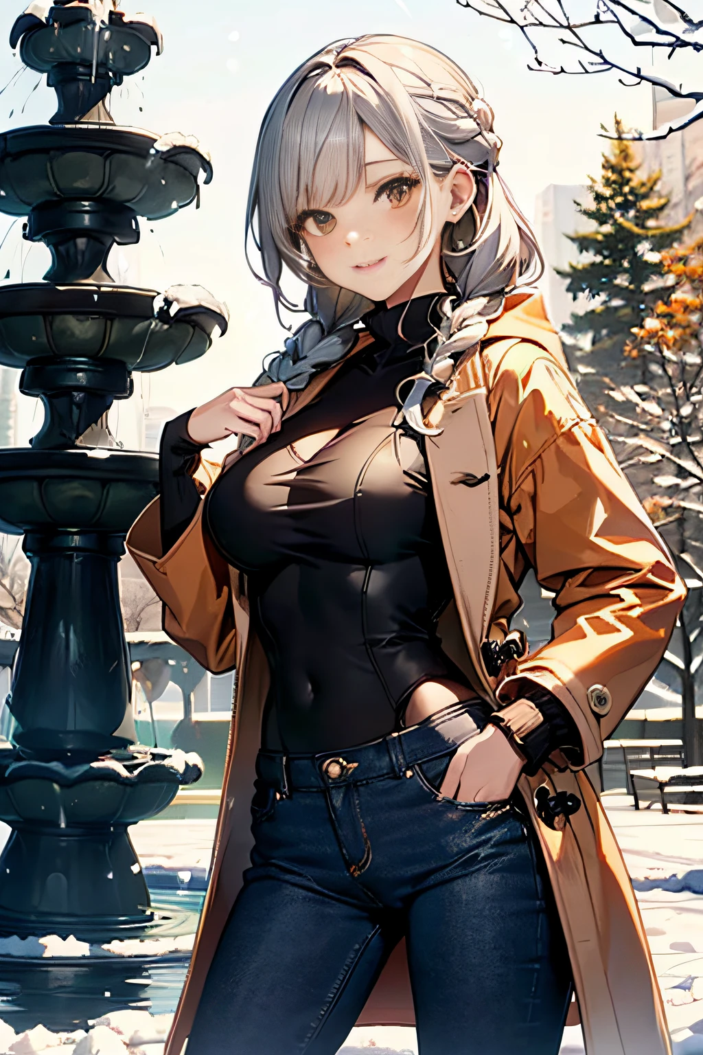 (3D Animation:1.3),(Realistic raw photos),(((In front of the fountain in the snowy park:1.3))),cute and beautiful adult woman,Cute round face,Cute smile,(((orange short duffel coat:1.3))),(white off-shoulder sweater),Jeans pants,Knitted hats,muffler,gloves,long boots,(silver white hair,Floral braided headband,half up、Floral Braided Space Van,Voluminous Fishtail Braids,Twisted chignon,),(Bangs are see-through bangs),(((Emphasize large breasts:1.3))),breast slip,detailed clothes features,Detailed hair features,detailed facial features,(Dynamic angles),(Dynamic and sexy poses),profetional lighting,Cinematic Light,(masutepiece,top-quality,Ultra-high resolution output image,) ,(The 8k quality,),(Sea Art 2 Mode:1.3),(Image Mode Ultra HD,)