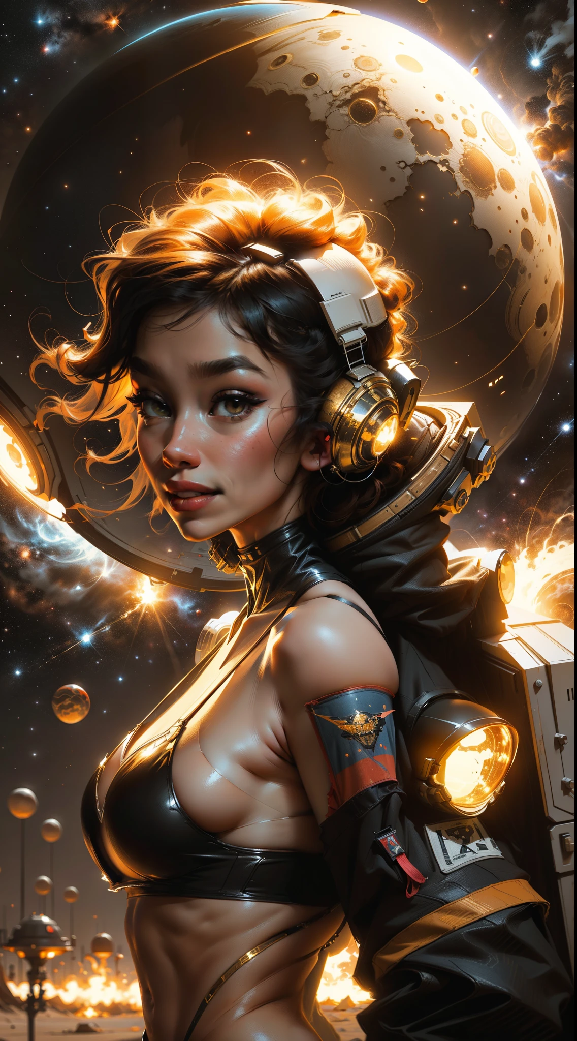 Astronaut style bikini and clear helmet, with a group of soldiers behind her, beautiful sci-fi art, beautiful smile, waiting for a kiss, turning and looking at the camera, space warrior, sunrise over solar punk city, stoner rock, mars invasion 2 0 3 3 - 2 0 4 2, 7 0 s palette, epic album art cover, sexy movie photo, cinemascope panorama, high stylized and 1940’s poster, cosmic style, 8k cinematic, golden ratio, cosmic mayhem