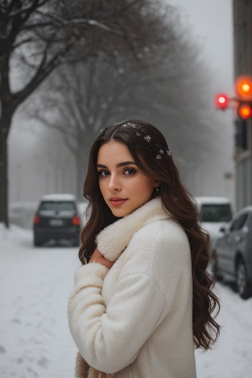 professional portrait photograph of a gorgeous Latin girl in winter clothing with very long wavy brown hair, sultry flirty look, 25 years old,realistic skin texture,skin blemishes, skin wrinkles, gorgeous symmetrical face, cute natural makeup, wearing elegant warm winter fashion clothing, ((standing outside in snowy city street)), stunning modern urban environment, ultra realistic, concept art, elegant, highly detailed, intricate, sharp focus, depth of field, f/1. 8, 85mm, medium shot, mid shot, (((professionally color graded))), bright soft diffused light, (volumetric fog), trending on instagram, hdr 4k, 8k