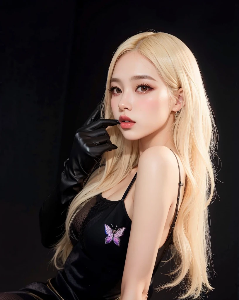 um close up de uma mulher em um vestido preto e luvas, Retrat, com longos cabelos branco, com longos cabelos loiros, com cabelos longos brancos, jia, Modelo IG | Artgerm, ava max, maquiagem sul-coreana popular, retrato coreano feminino, KDA