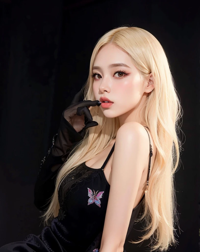 um close up de uma mulher em um vestido preto e luvas, Retrat, com longos cabelos branco, com longos cabelos loiros, com cabelos longos brancos, jia, Modelo IG | Artgerm, ava max, maquiagem sul-coreana popular, retrato coreano feminino, KDA