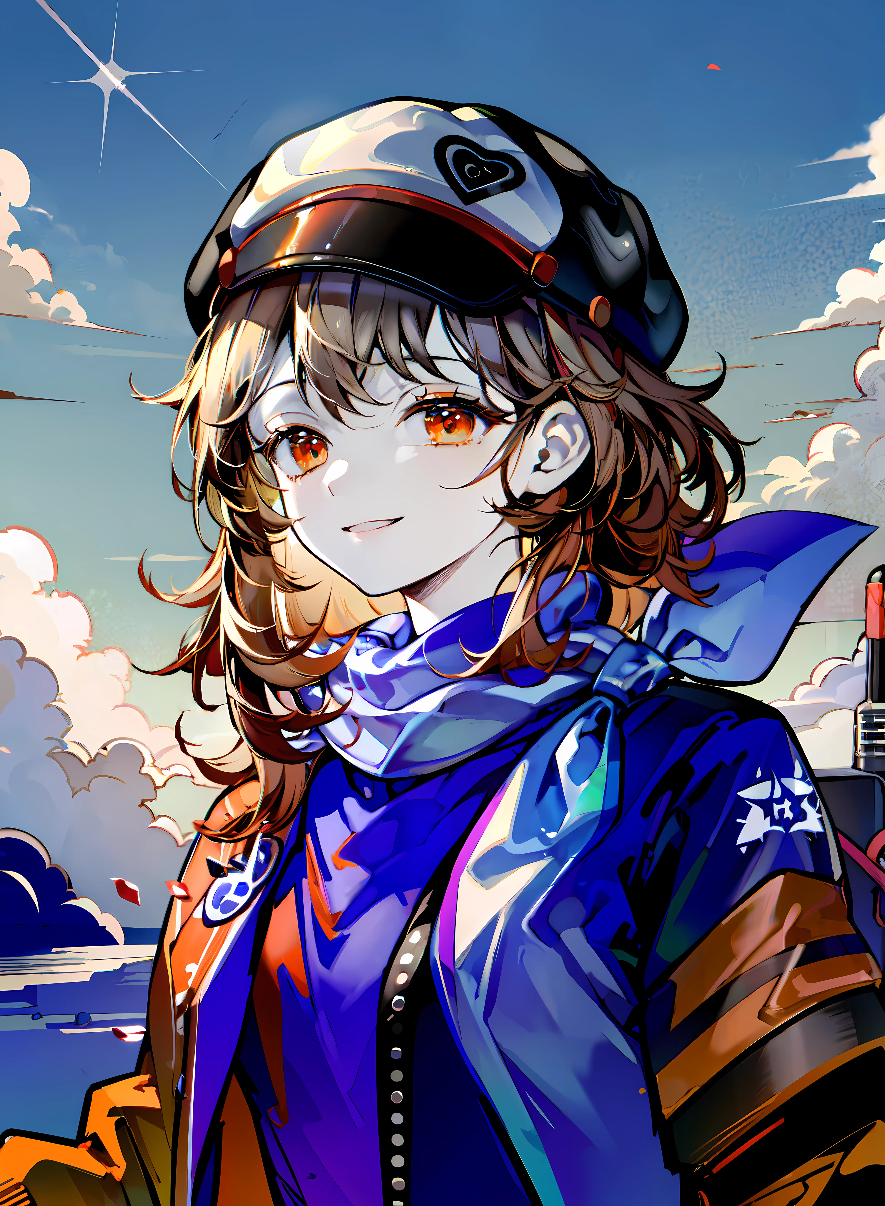 (masterpiece:1.2), (pale skin:1.2), (solo:1.2), (female:1.1), (emphasis lines:1.3), headwear, orange attire, orange eyes, outdoors, sky, scarf, smile