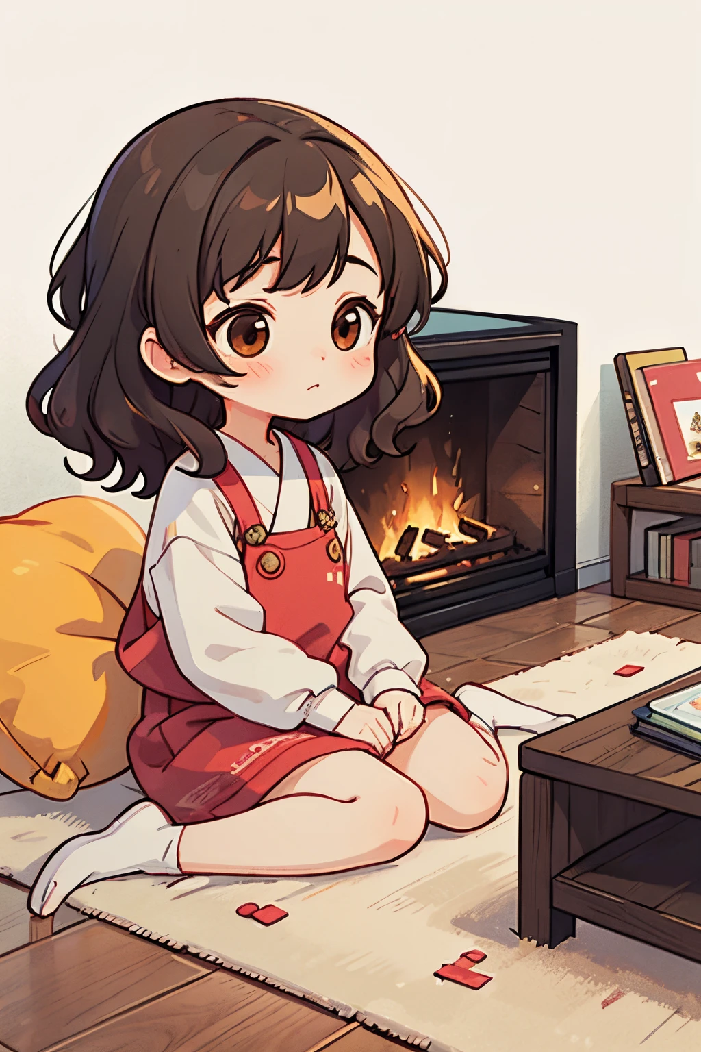 a five years girl、short non-binary person, wavy brown eyes and hair、play by placing blocks on the floor、Simple modern living room background with fireplace