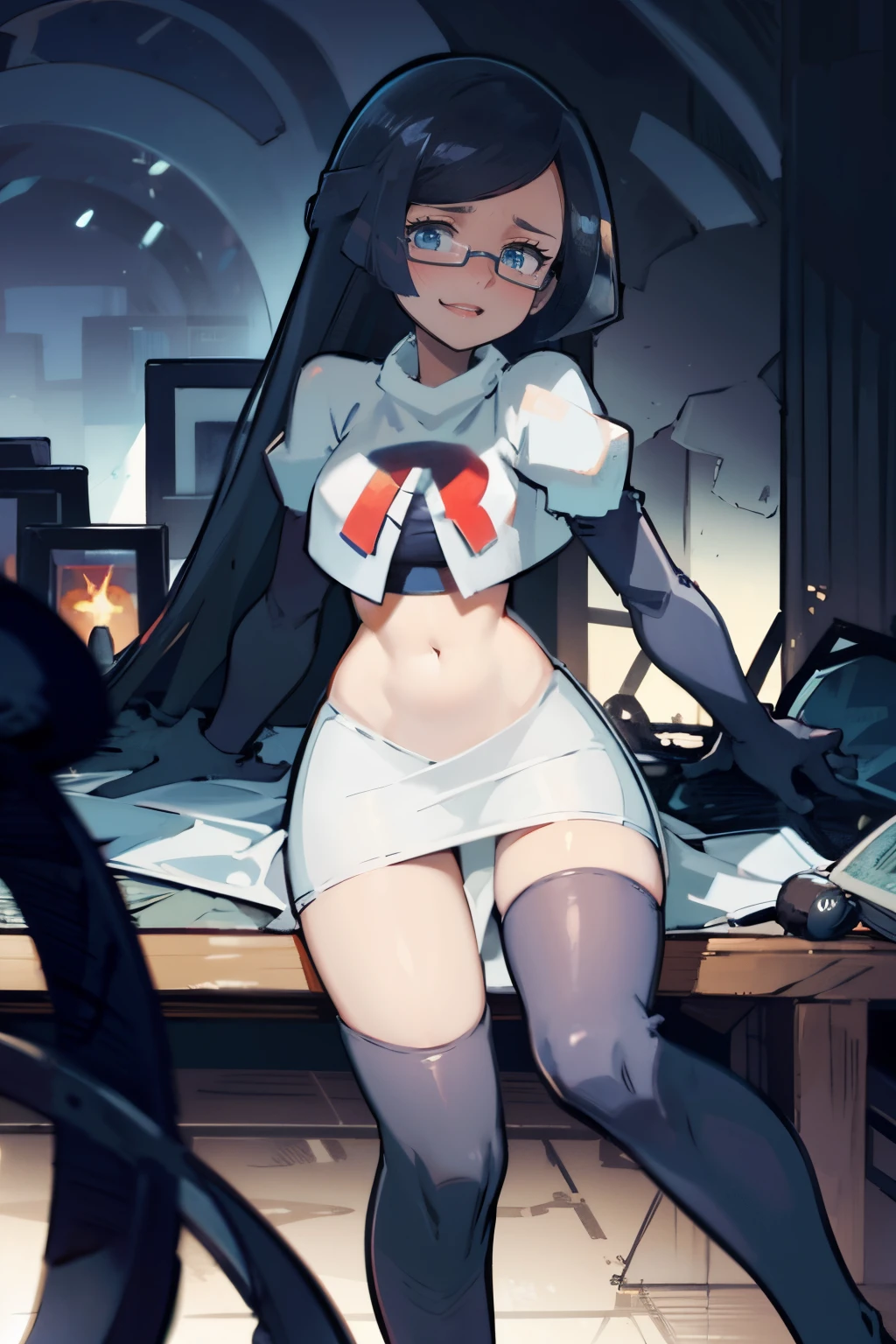 fennel_pk, glasses, team rocket,team rocket uniform, red letter R, white skirt,white crop top,black thigh-highs,black elbow gloves, sinister villianess look,