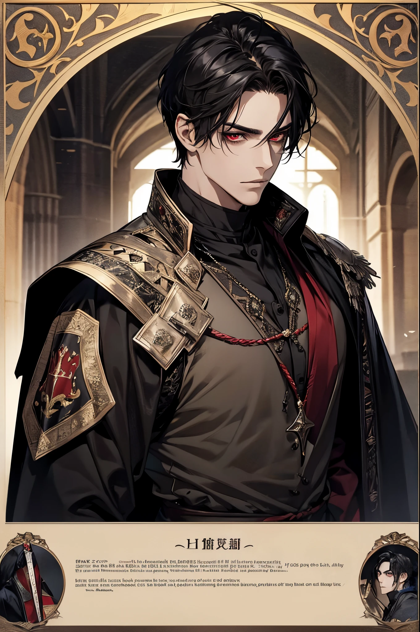 1 male, adult, mature face, beautiful, side swept black hair, short hair, dark red eyes, tall and lean body, black attire fit for nobility, medieval, upper body, condescending