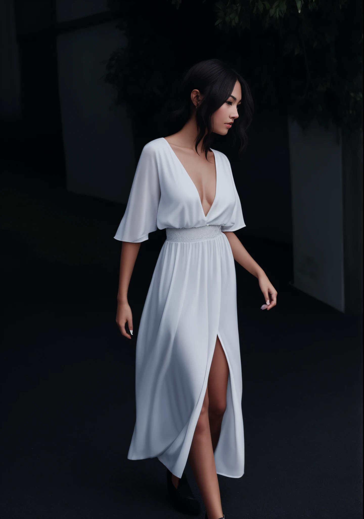 A beautiful woman wandering around in a white dress
