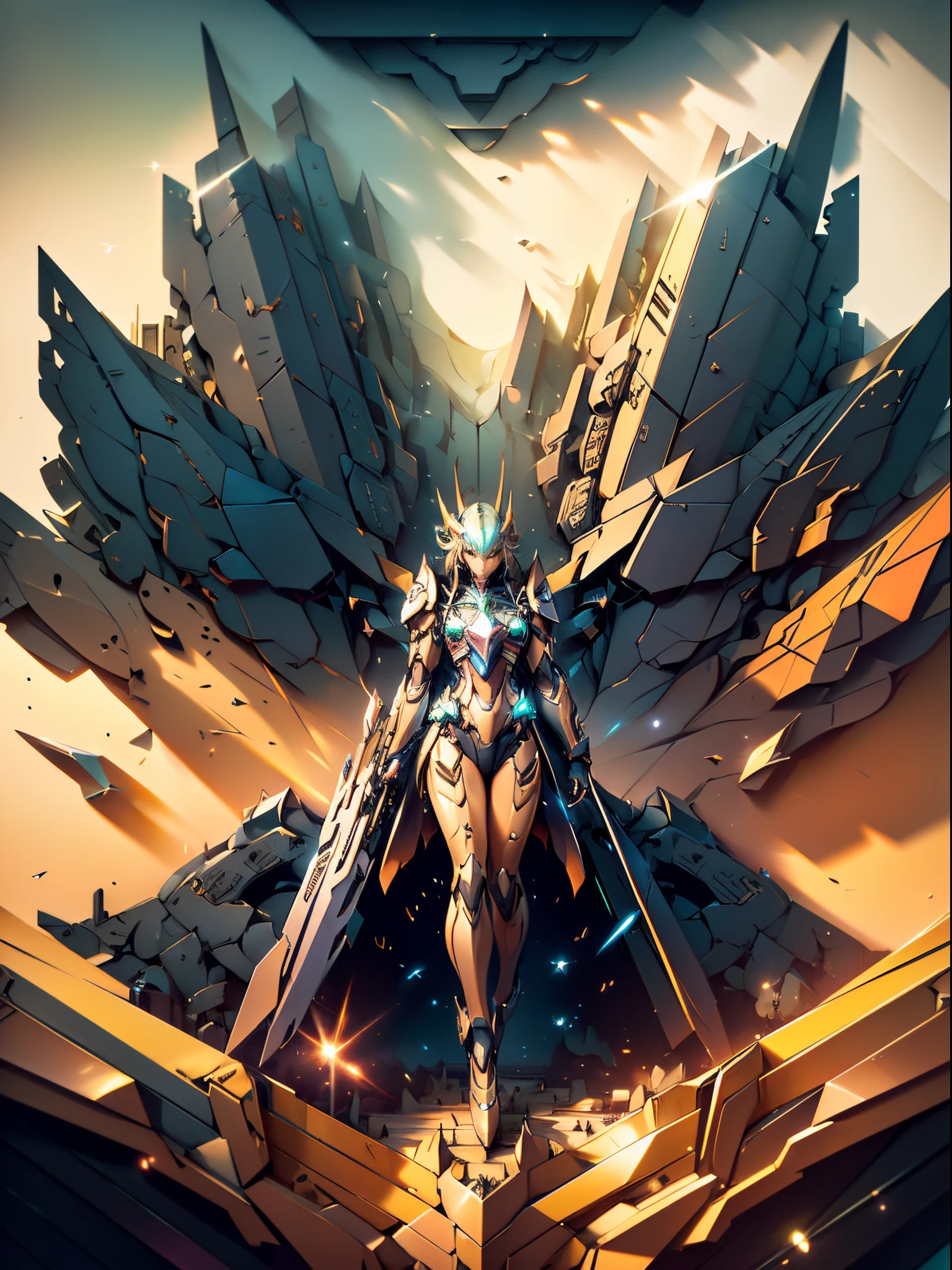 A giant gundamWing MECH, neon lit eyes, open mech wings, laser blade on the arm, badass mech, dark mech, (((in a post-apocalyptic setting))), full body, facing the viewer, {wallpaper of extremely detailed 16k CG unit}, expansive landscape photography, (a low view with focus on the character and the setting), (wide open field view), (low angle shot), (high light: 1.2), (Low Light: 1.5), (Warm Light Source: 1.4), Intricate Details, (Iridescent Colors: 1.4), (Bright Lighting), (Atmospheric Lighting), Dreamy, Unique, Lineart