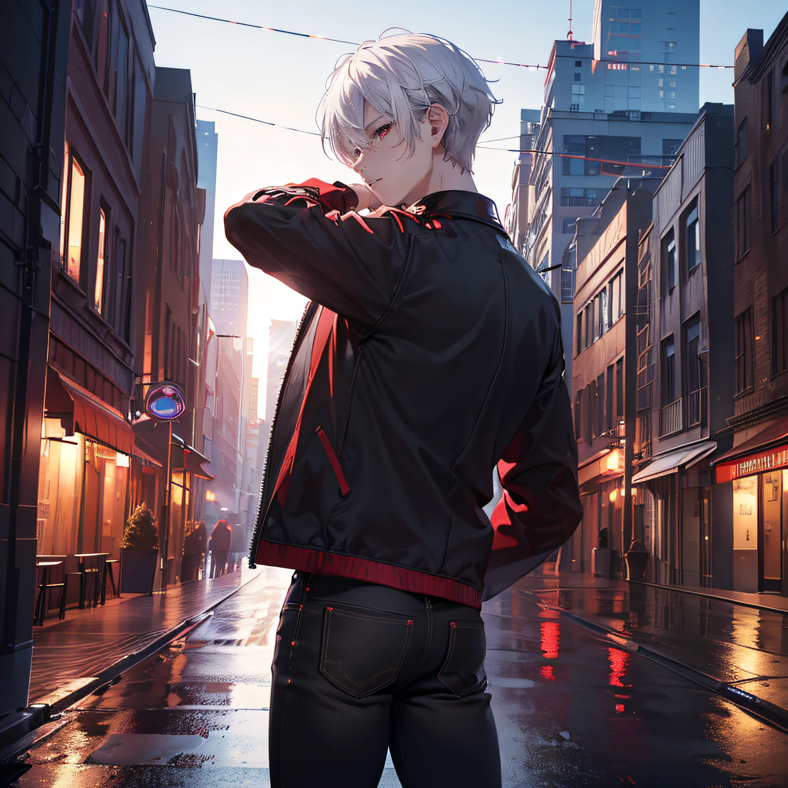 (best quality,4k,8k,highres,masterpiece:1.2),ultra-detailed,(realistic,photorealistic,photo-realistic:1.37),night,1guy,short white hair, red eyes, wearing plain black shirt, wearing red-black jacket, wearing jeans, city, looking at viewfinder from behind, lighting