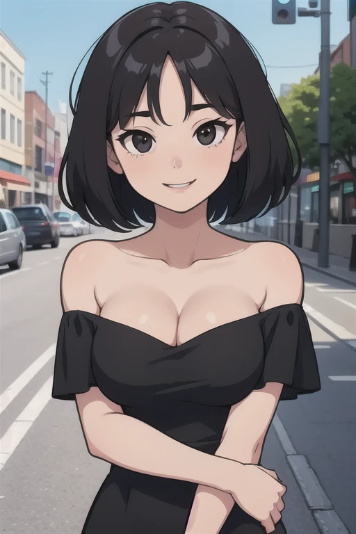 one-girl，medium breasts，cleavage，Bust photo，looks into camera，portrait, short black hair，bob cut, black eyes, strapless, Red and Black dress, Off-the-shoulder attire，City streets, smile, sunny day, 2D illustration, vector art.