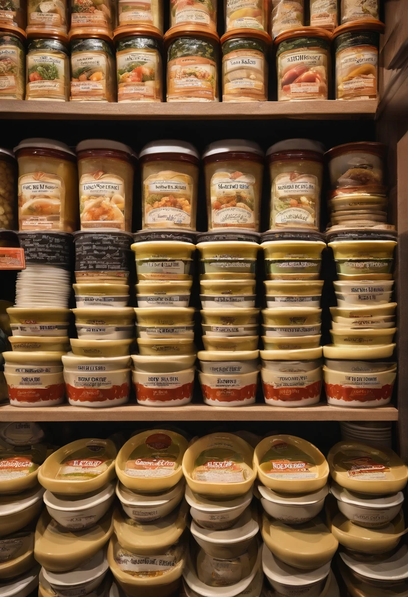 An impeccably arranged display of assorted soup containers, each labeled with precise details,Seinfeld TV show,The Soup Nazi’s appearance is that of a typical chef with a white chef’s uniform, but his intense, intimidating demeanor sets him apart. He strictly enforces a set of rules at his soup stand, such as ordering customers to line up in an orderly fashion, speak only when spoken to, place their order quickly, and move to the left immediately after ordering., male