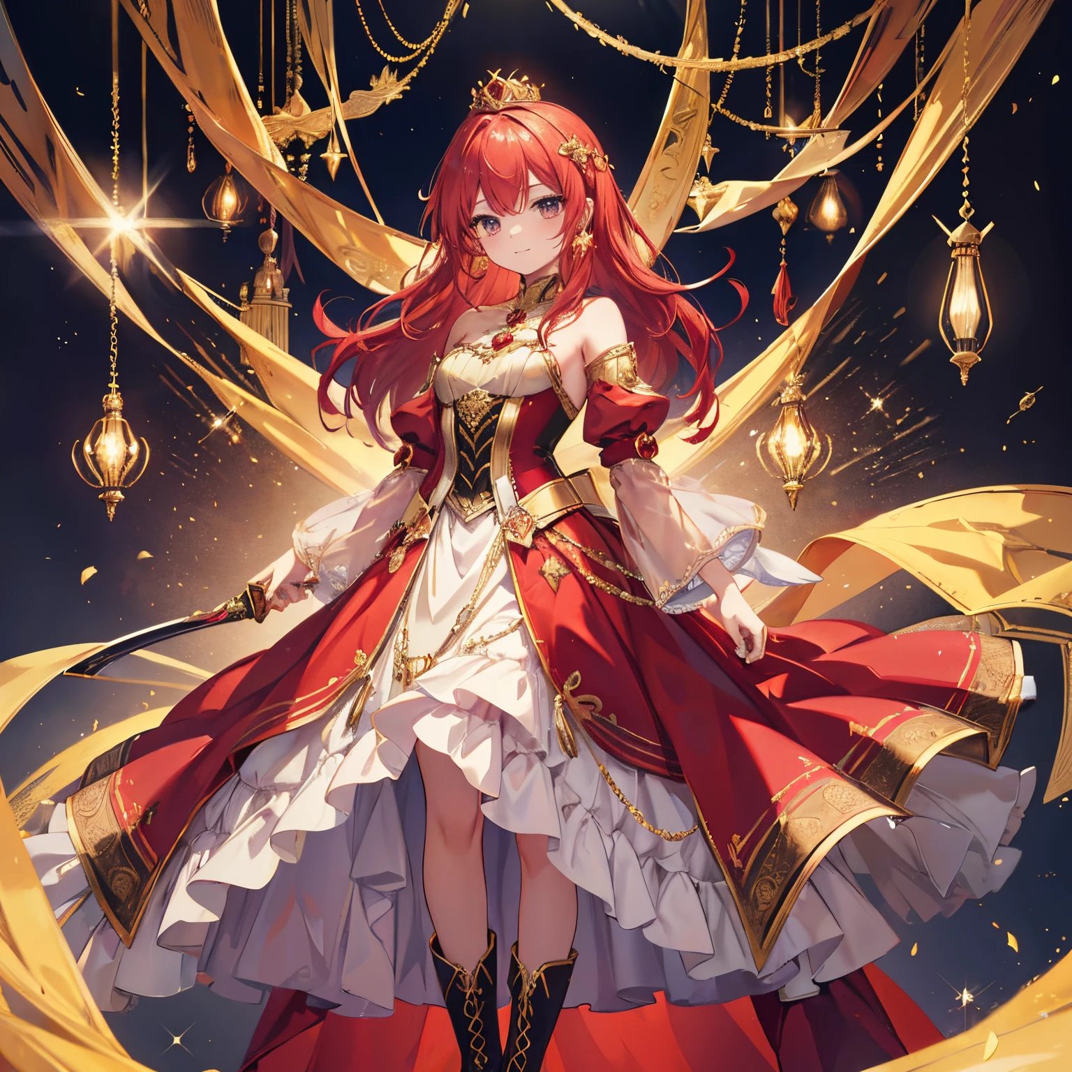 one-girl，Alone，elegant swordsman，red tinted hair，golden decorations，golden princess crown，Little princess，very beautiful clothes，Noble skirt，Red dress，gold lace dress，Metal shoulder blade，Metal boots，Cheerful and lively，ssmile，Hands behind your back，Hands behind your back，high high quality，High- sharpness