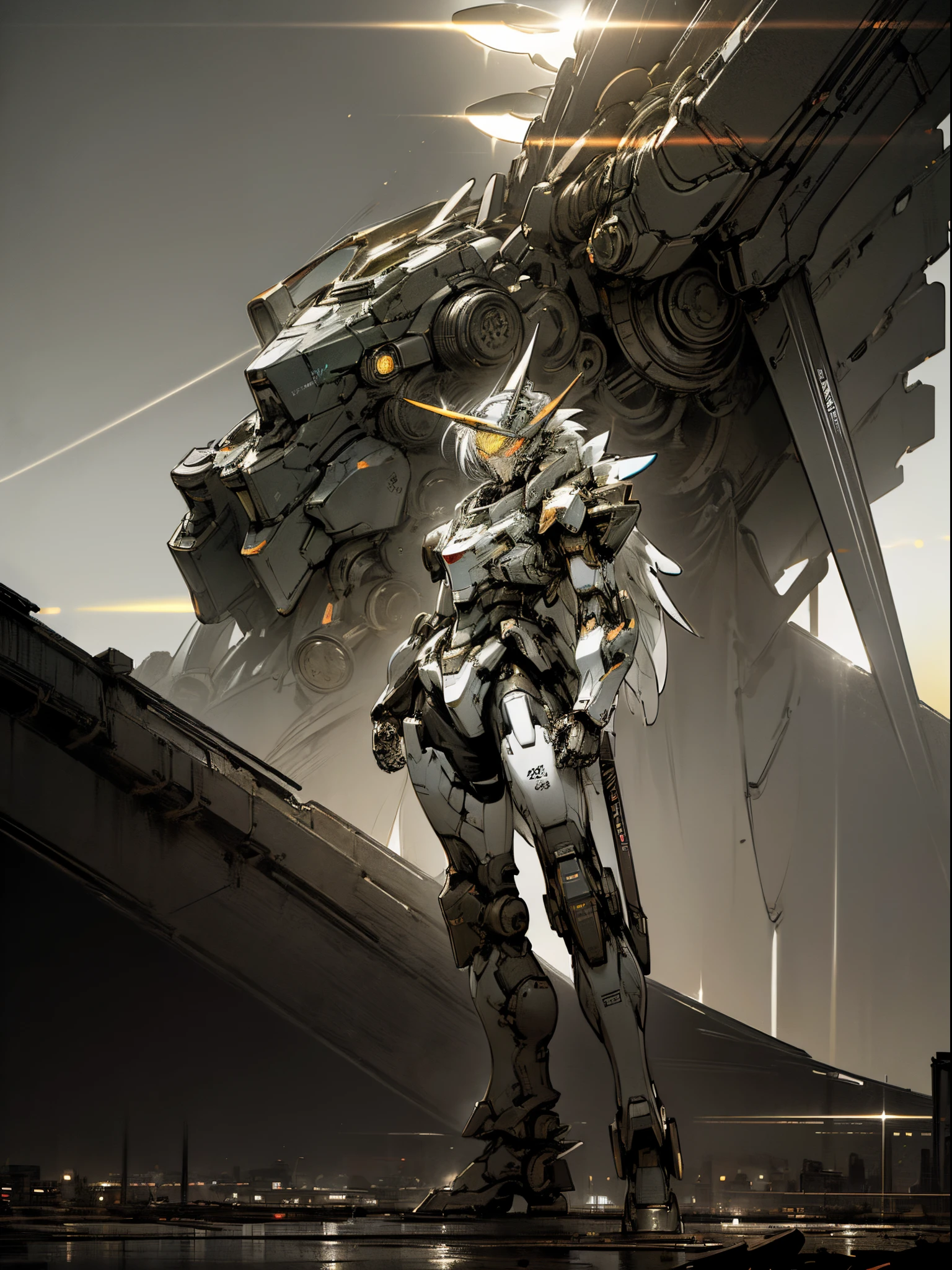 A modern MECH gundamWing, neon lit eyes, open mech wings, laser blade on arm, badass mech, dark mech, (((in a post apocalyptic setting))), full body, {extremely 16k CG unit wallpaper detailed}, expansive landscape photography, (a view from below with focus on the character and the setting), (wide view of open field), (low angle shot), (high light: 1.2), (low light: 1.5) , (warm light source: 1.4), complex details, (iridescent colors: 1.4), (bright lighting), (atmospheric lighting), dreamy, unique, lineart