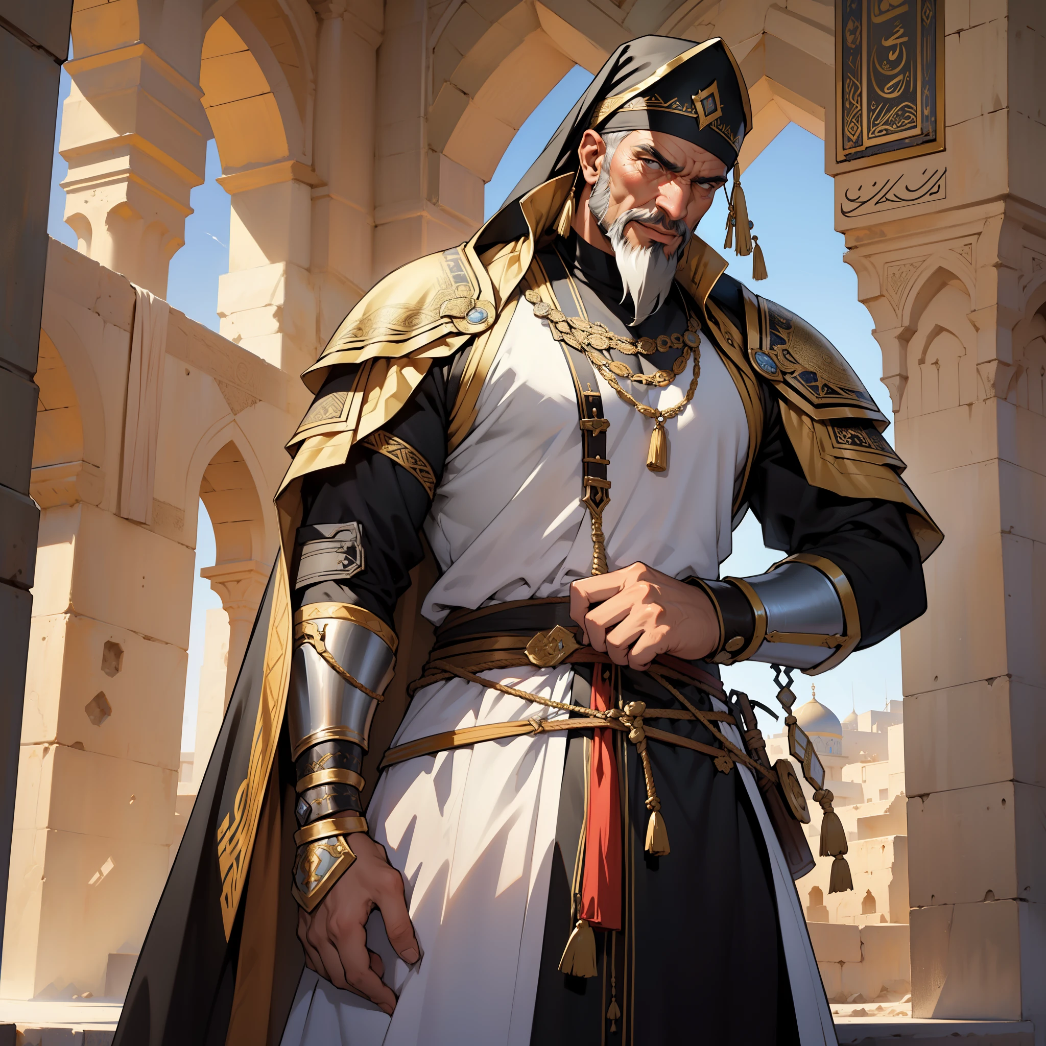 masterpiece, Best Quality, 4k, Moroccan warrior wearing muslim armor ferocious looking elderly male warrior(1 person) Very detailed, Blackbeard,detailed pose, Background with:Inside the Arab Mosque