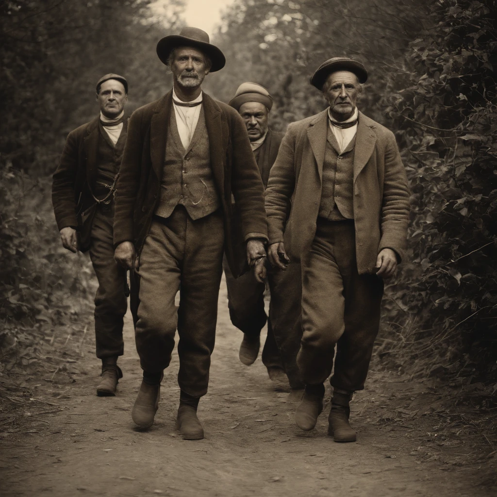 (Masterpiece) An ultrarealistic photography of a group of villagers walking down an old road holding a ((giant man in chains)), nomad, vintage sepia photography, very old and torned photo, ultrarealistic