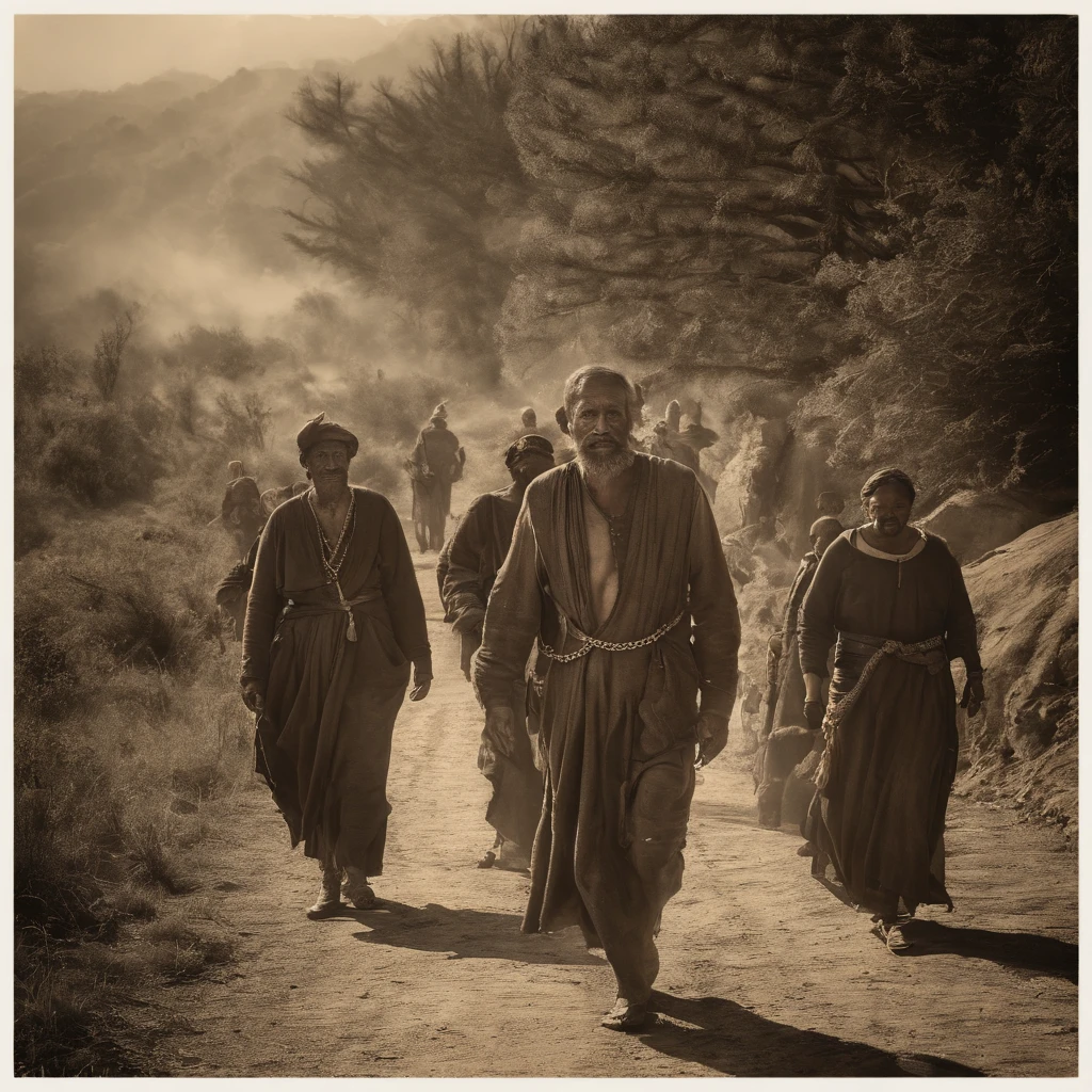 (Masterpiece) An ultrarealistic photography of a group of villagers walking down an old road holding a ((giant man in chains)), nomad, vintage sepia photography, very old and torned photo, ultrarealistic